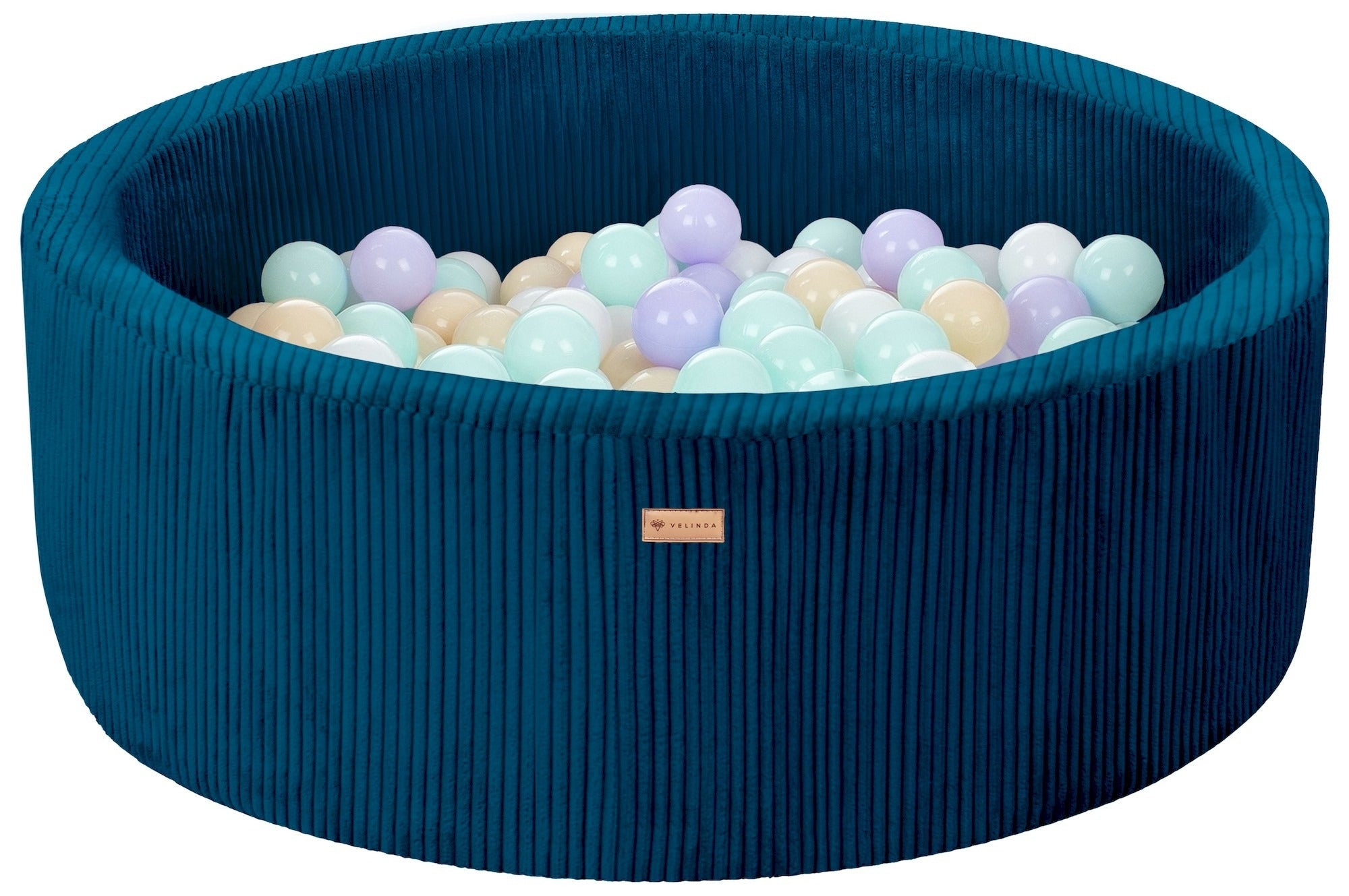 Bällepool ⌀ 90 cm in Cord Dunkelblau mit Bällen in Weiß · Cappuccino · Mint