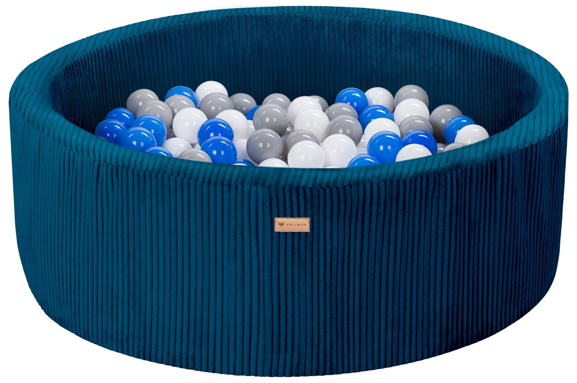 Bällepool ⌀ 90 cm in Cord Dunkelblau mit Bällen in Weiß · Grau · Blau