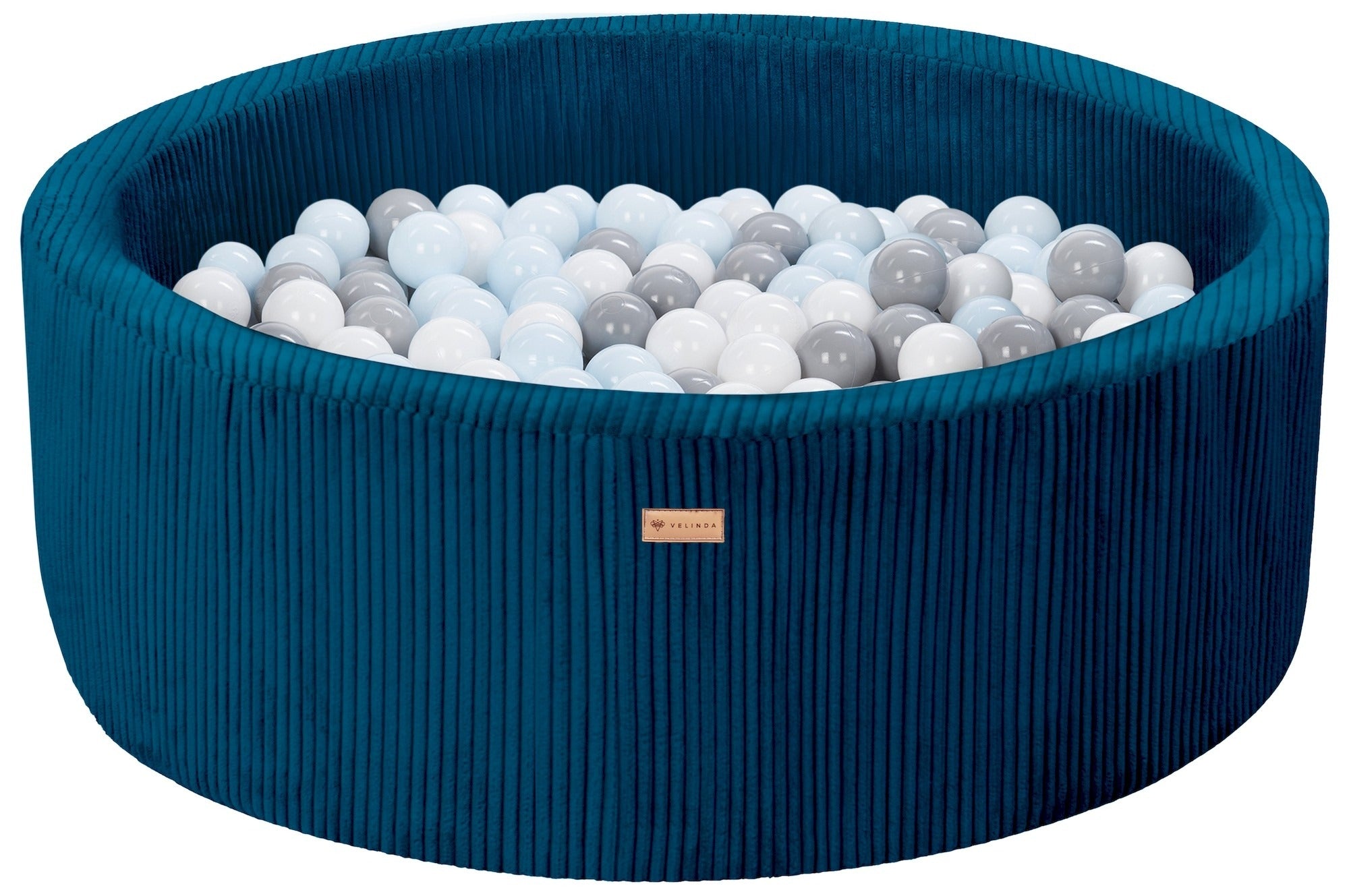 Bällepool ⌀ 90 cm in Cord Dunkelblau mit Bällen in Weiß · Grau · Pastell-Blau