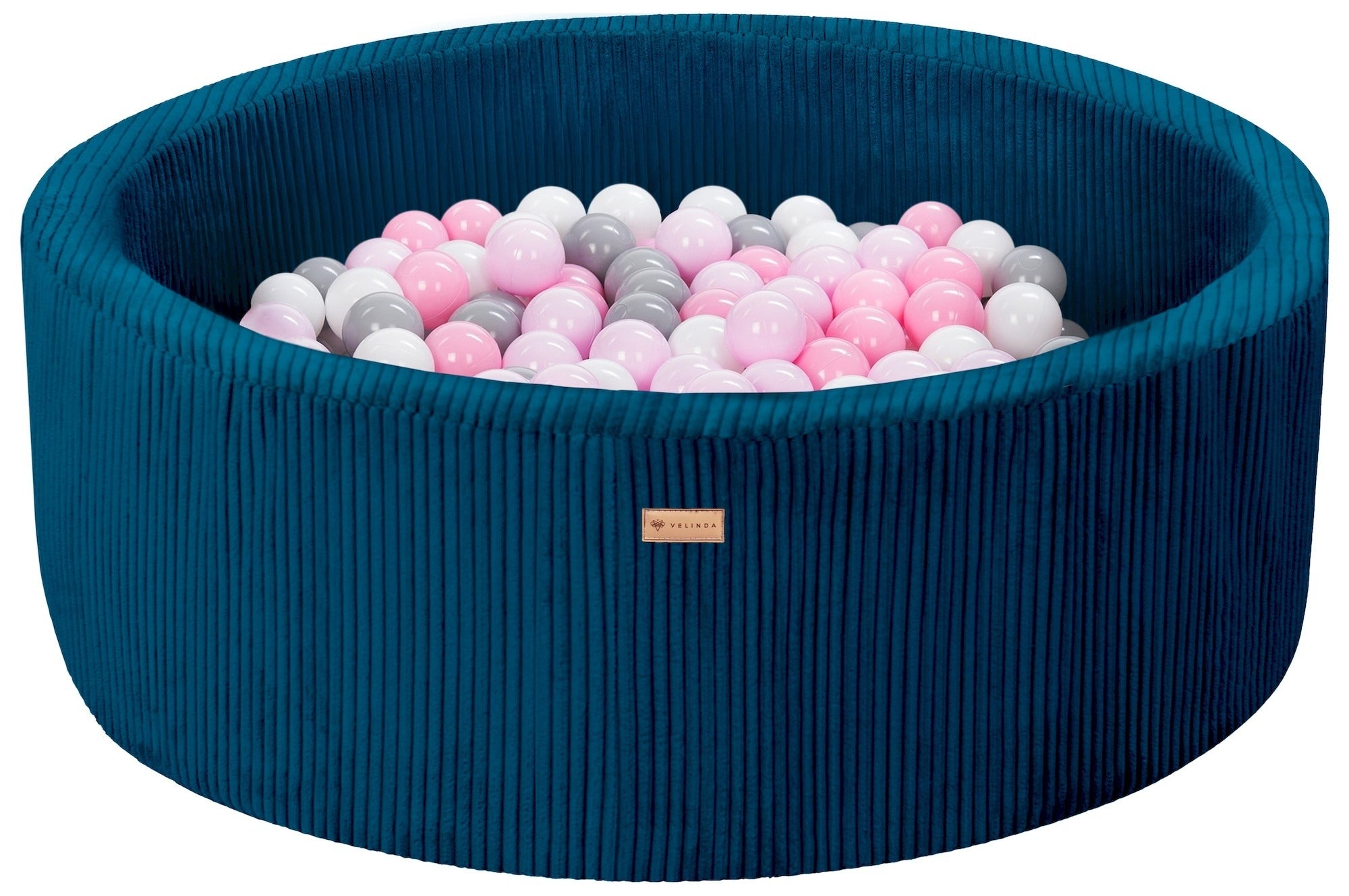 Bällepool ⌀ 90 cm in Cord Dunkelblau mit Bällen in Weiß · Grau · Rosa · Pastell-Pink