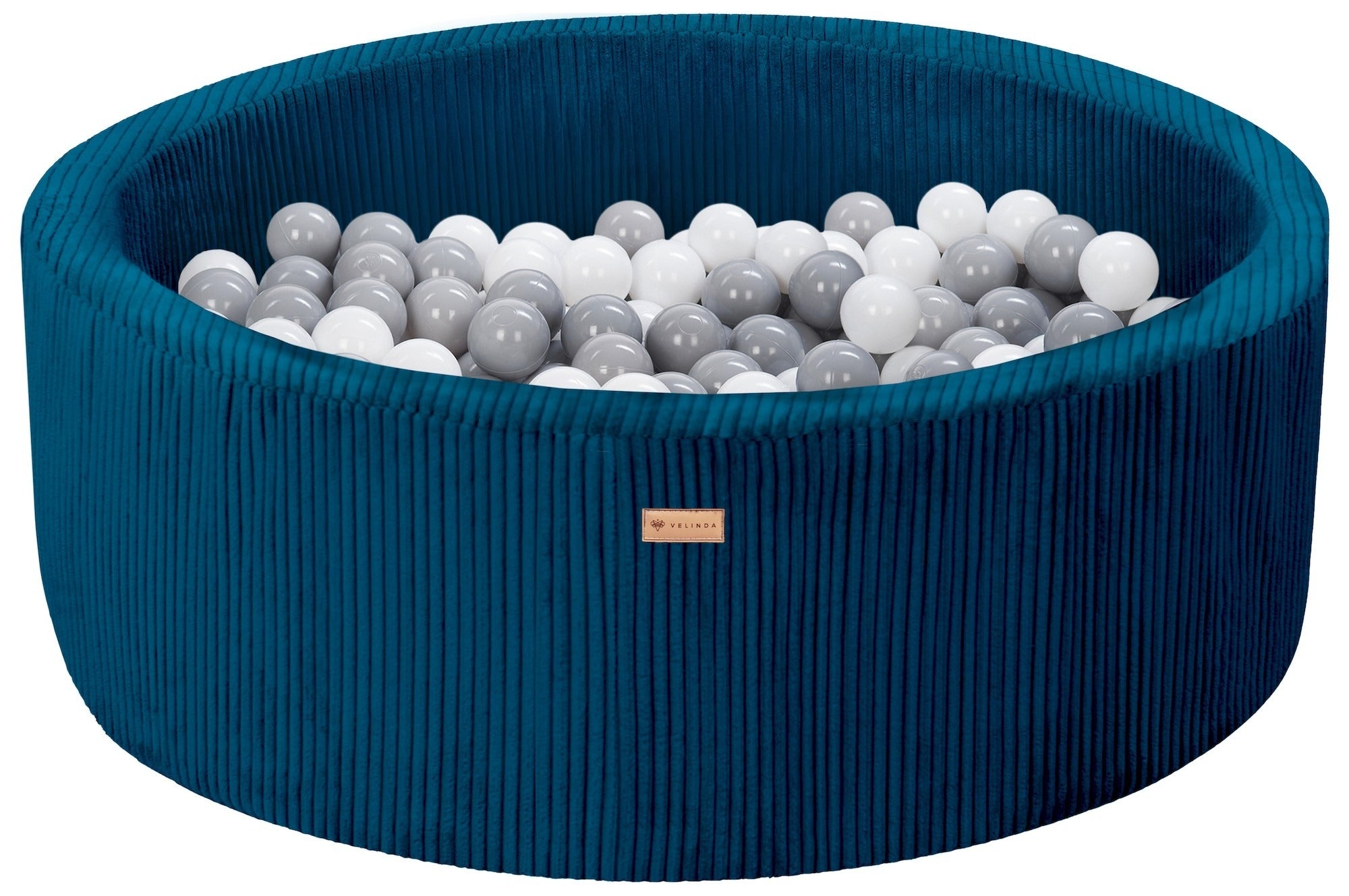 Bällepool ⌀ 90 cm in Cord Dunkelblau mit Bällen in Weiß · Grau