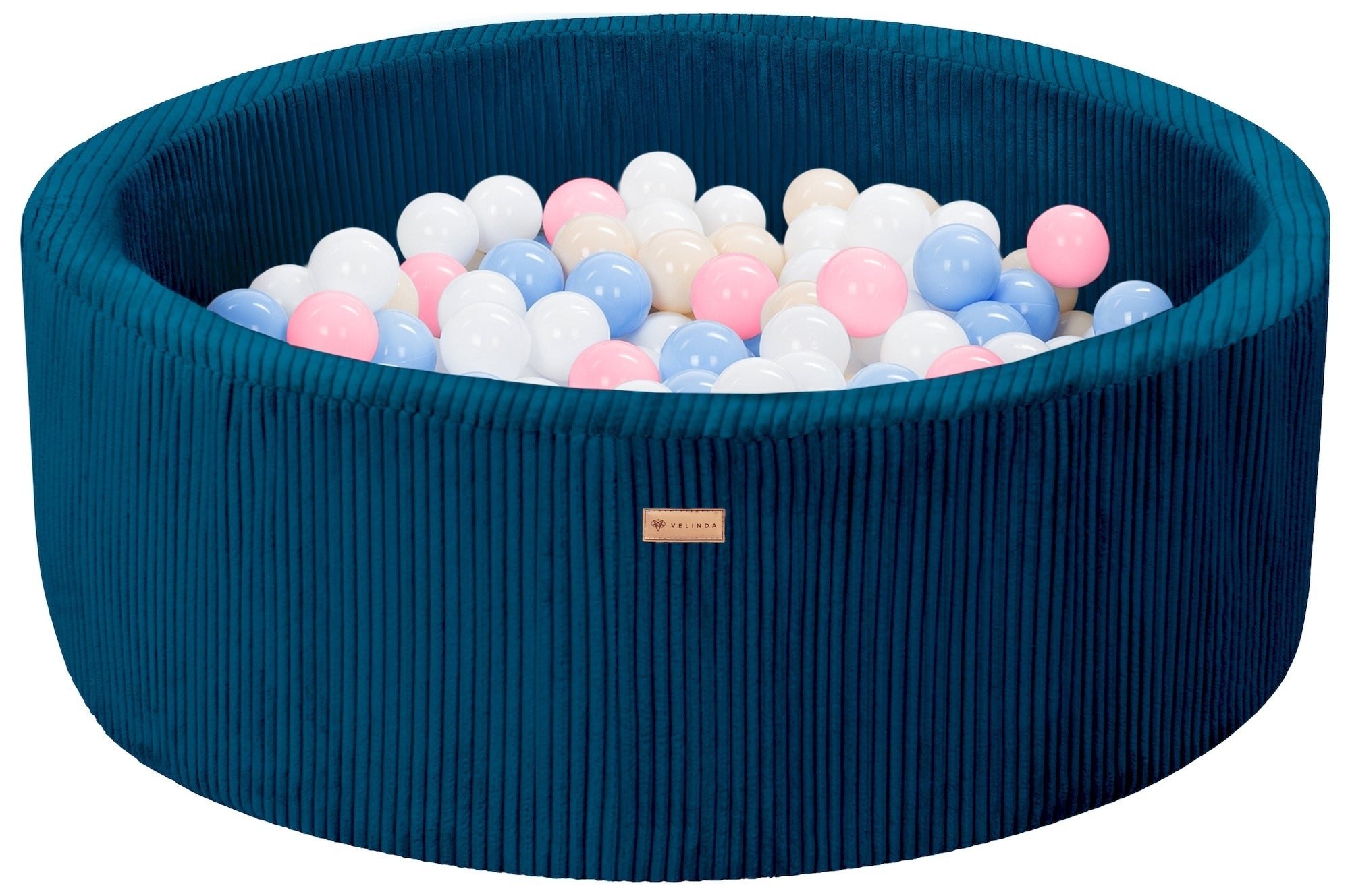 Bällepool ⌀ 90 cm in Cord Dunkelblau mit Bällen in Weiß · Hellblau · Rosa · Cappuccino