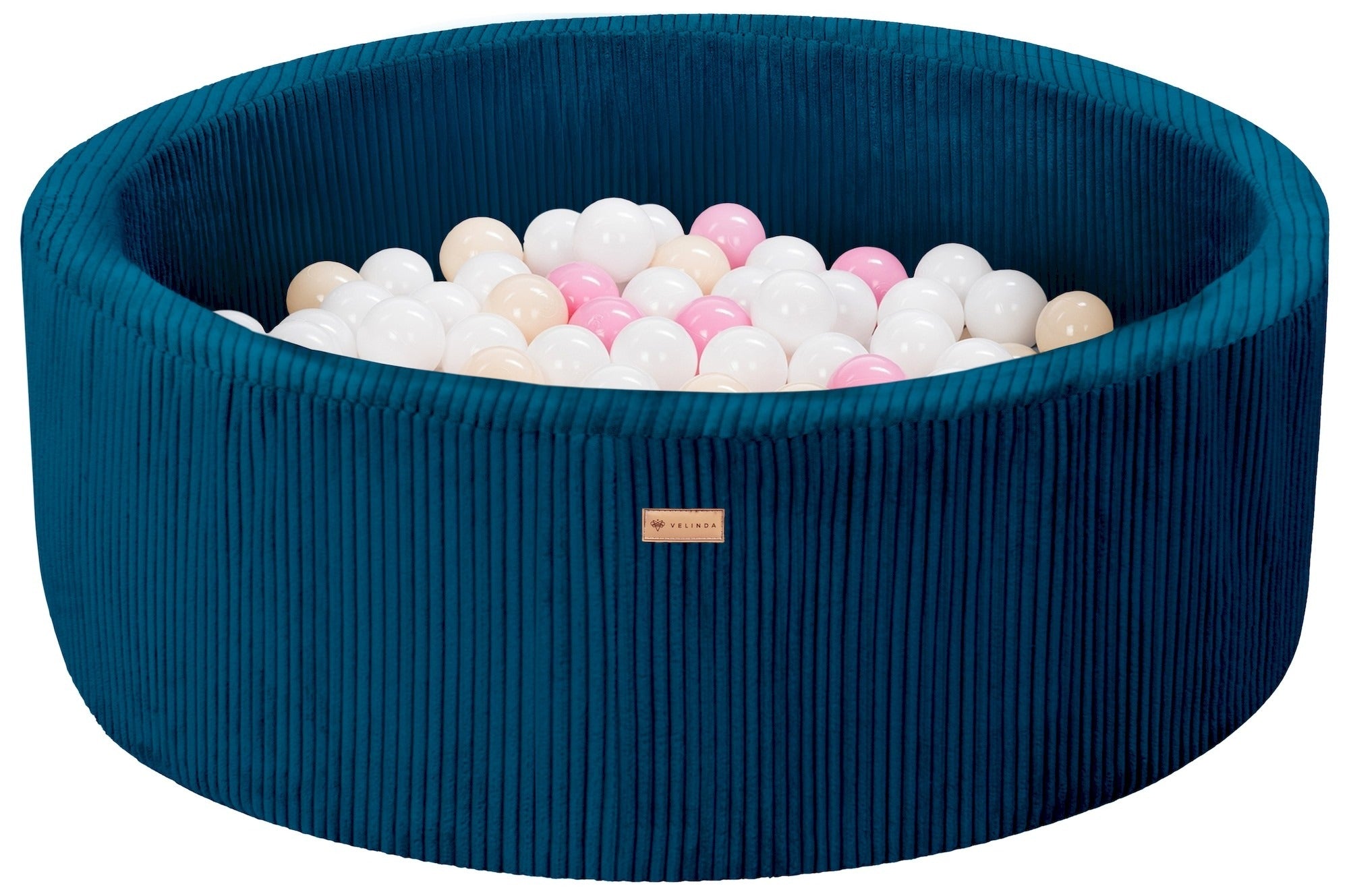 Bällepool ⌀ 90 cm in Cord Dunkelblau mit Bällen in Weiß · Rosa · Cappuccino