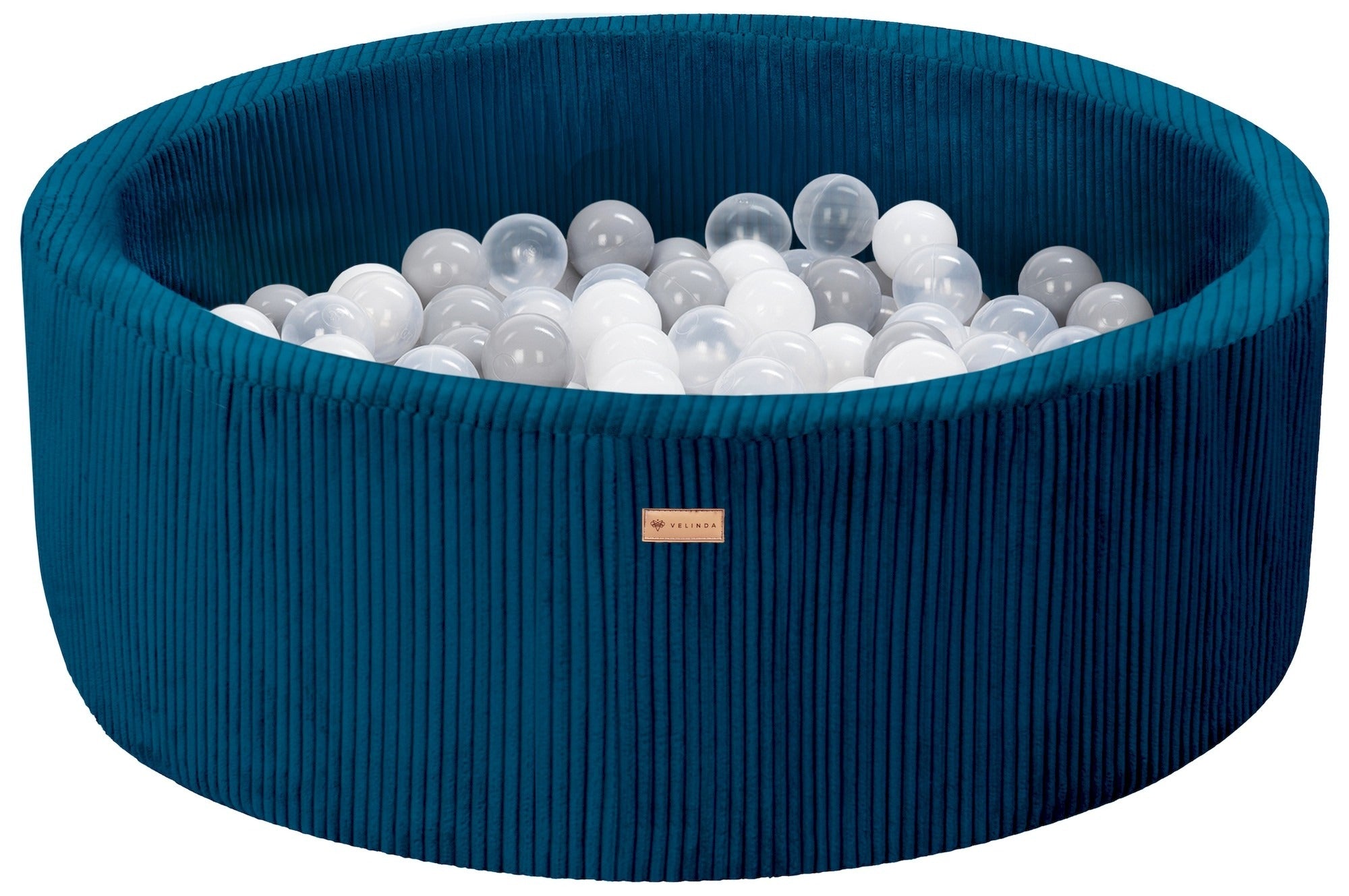 Bällepool ⌀ 90 cm in Cord Dunkelblau mit Bällen in Weiß · Transparent · Grau