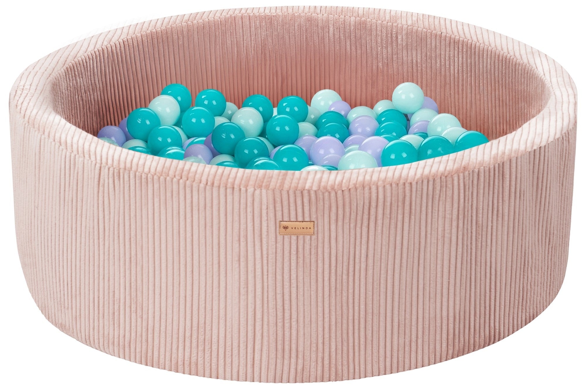 Bällepool ⌀ 90 cm in Cord Rosa mit Bällen in Violett · Türkis · Mint