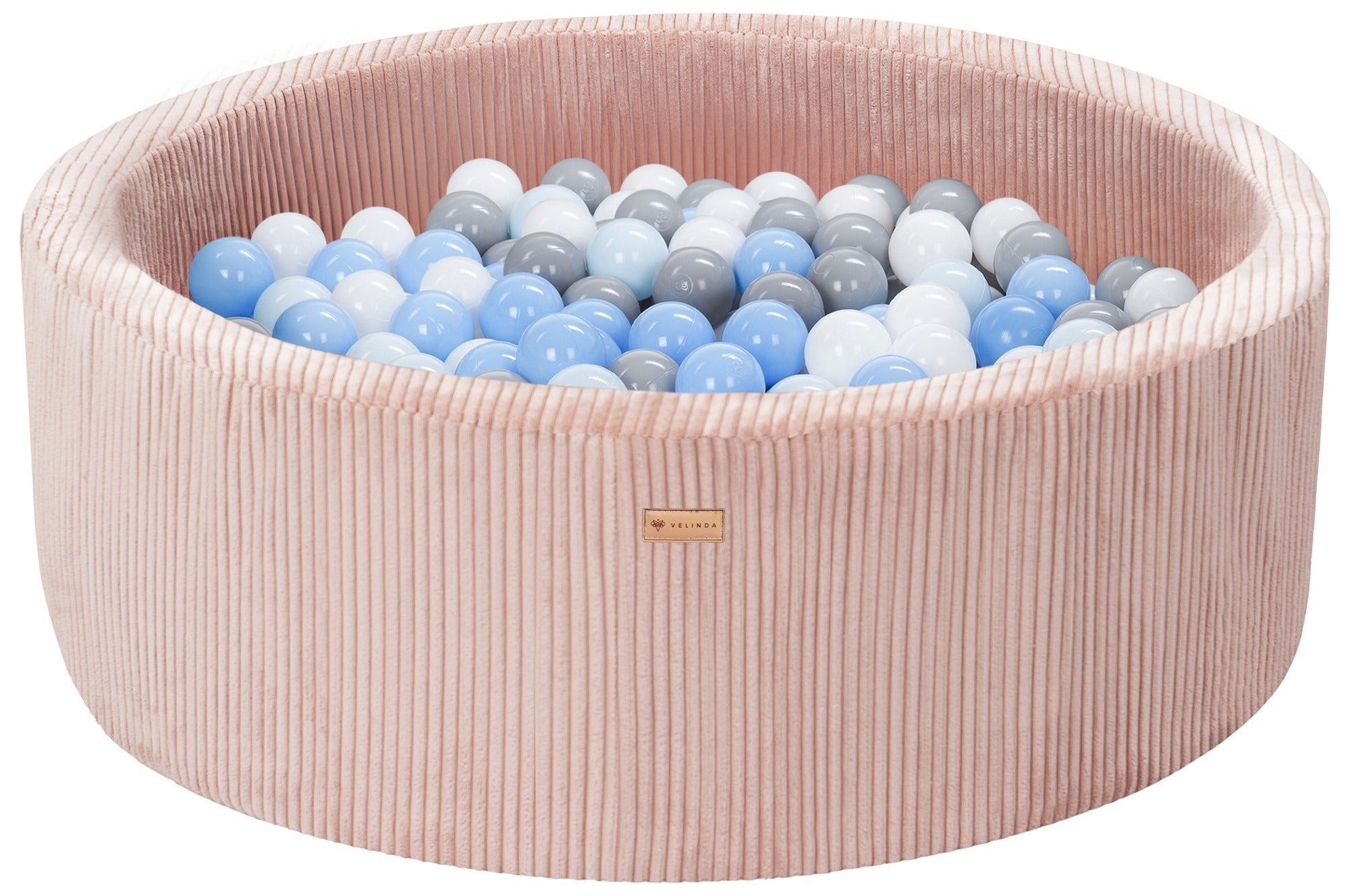 Bällepool ⌀ 90 cm in Cord Rosa mit Bällen in Weiß · Grau · Hellblau · Pastell-Blau