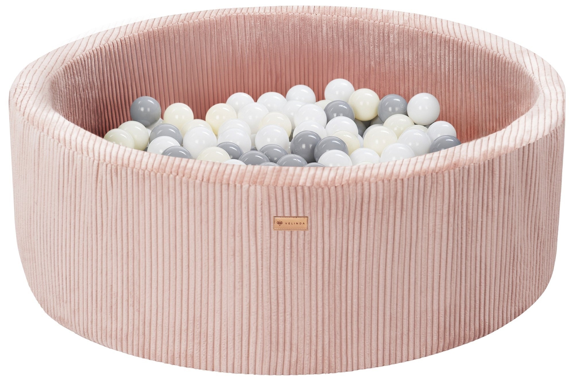Bällepool ⌀ 90 cm in Cord Rosa mit Bällen in Weiß · Grau · Pastell-Gelb
