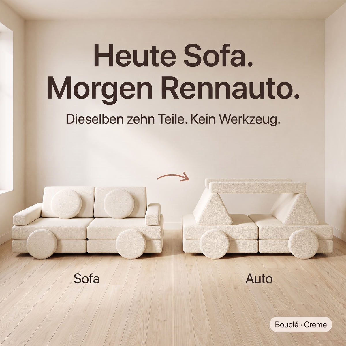 Heute Sofa, morgen Rennauto: dieselben zehn Teile, Bouclé Creme