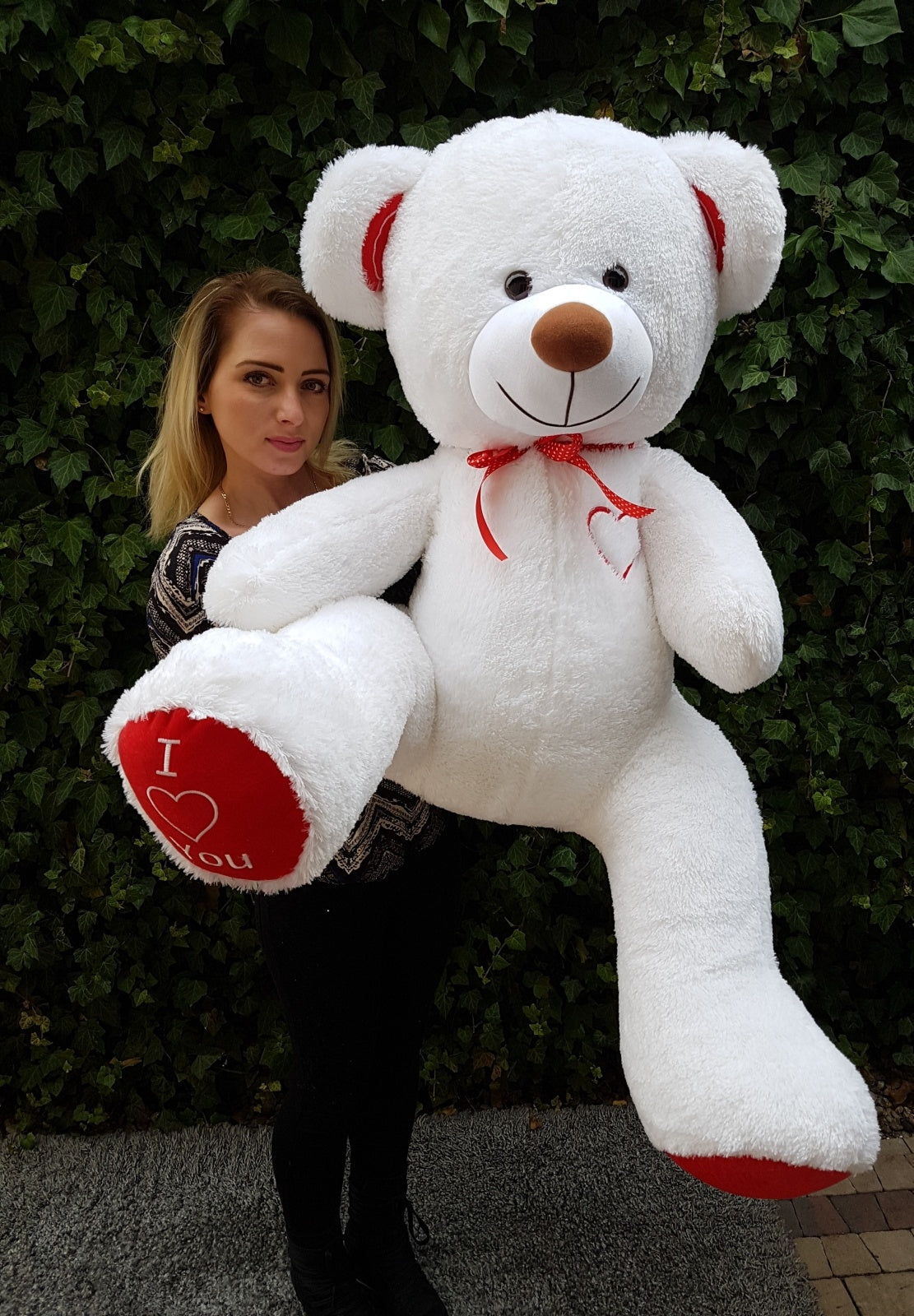 Riesen-Teddybär 160 cm, Weiß - rot - b
