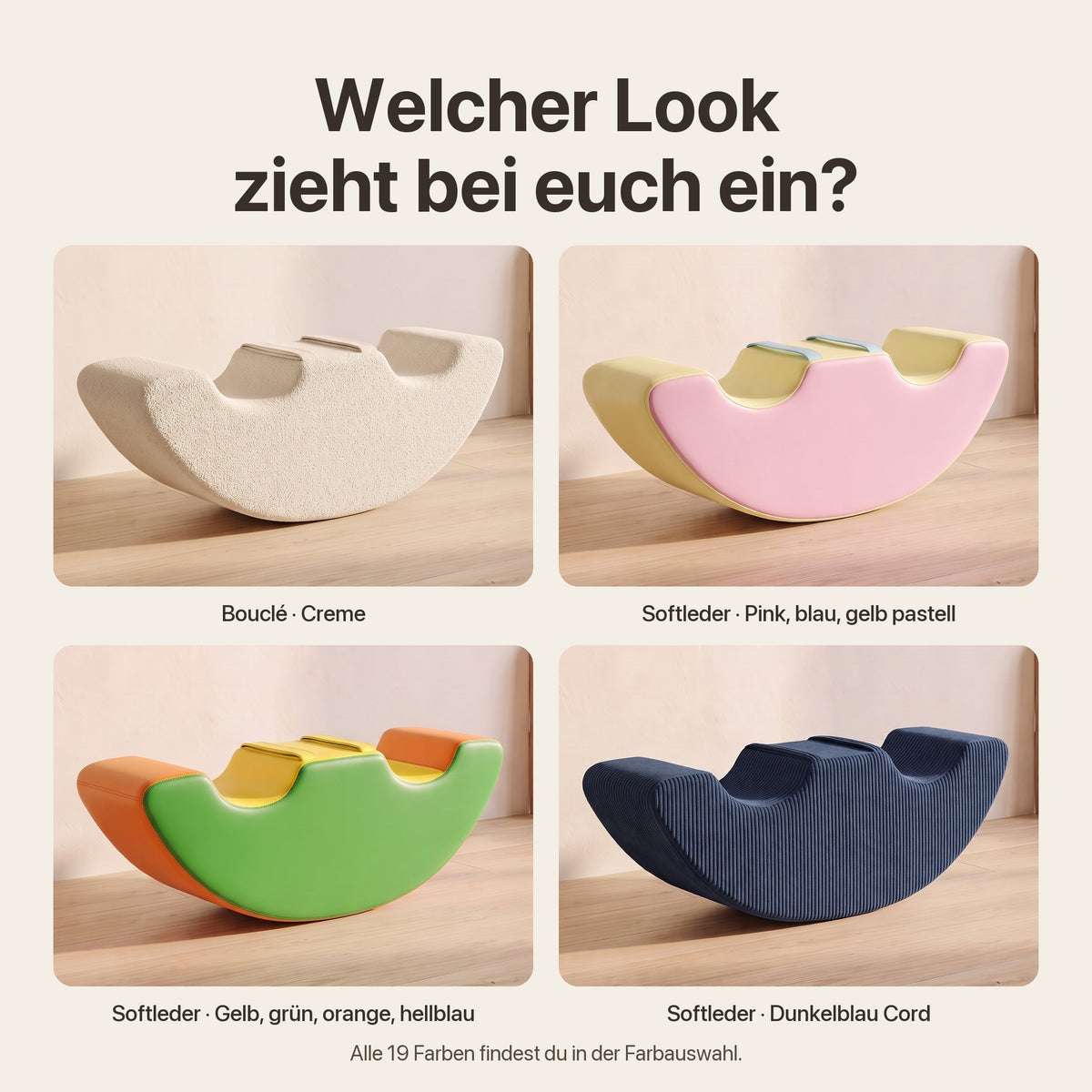 Doppel-Wuselschaukel: Farbauswahl – Bouclé Creme, Softleder Pink/Blau/Gelb pastell, Softleder Gelb/Grün/Orange/Hellblau und Softleder Dunkelblau Cord