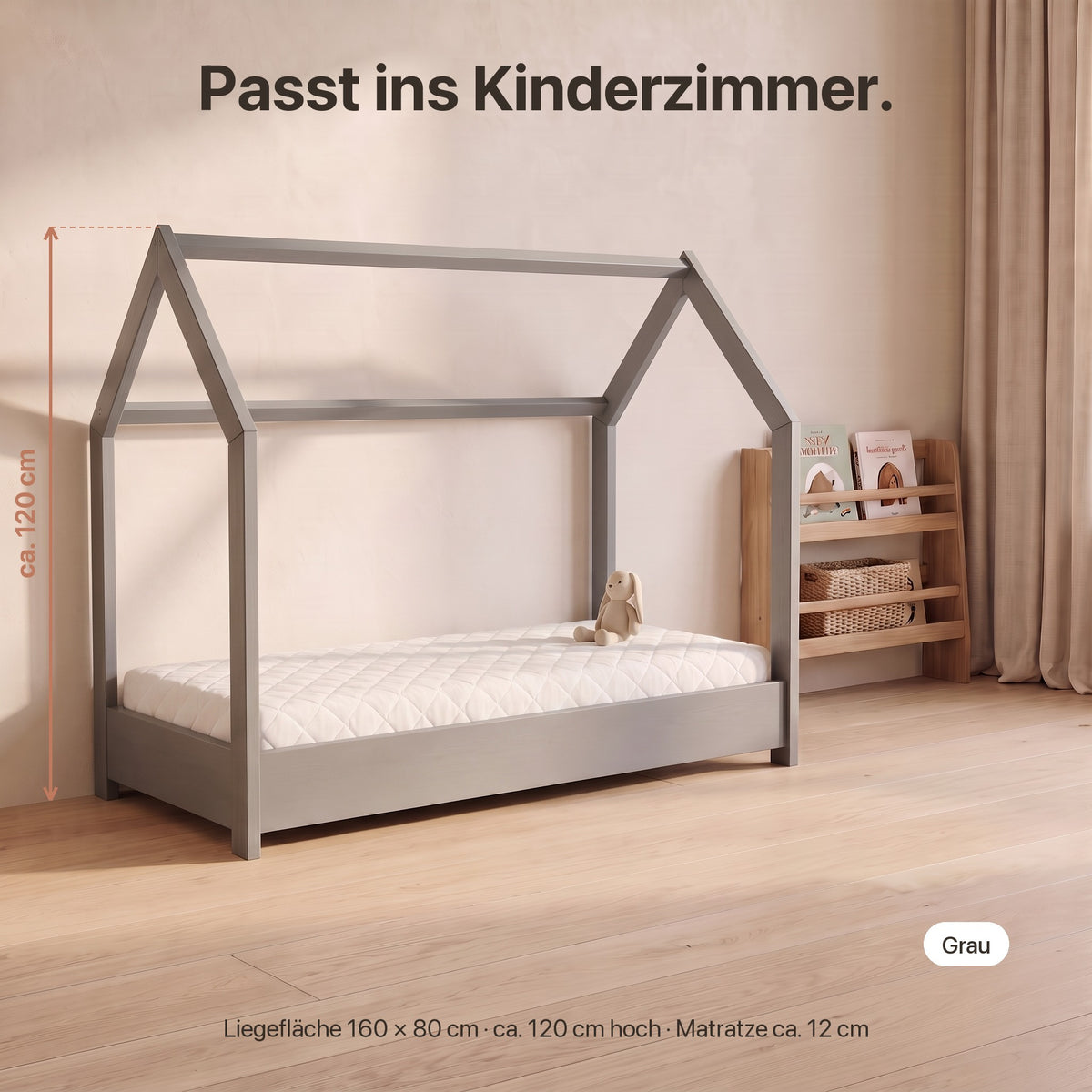 Hausbett mit Eco-Matratze: Liegefläche 160 × 80 cm, ca. 120 cm hoch, Matratze ca. 12 cm