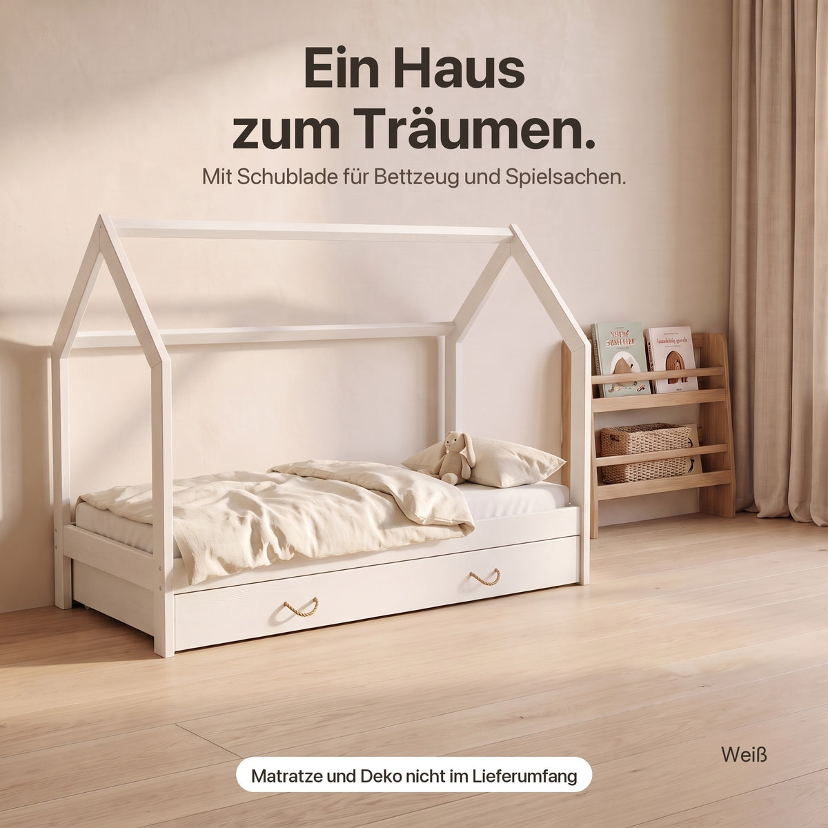Hausbett mit Schublade in Weiß im Kinderzimmer – Matratze und Deko nicht im Lieferumfang