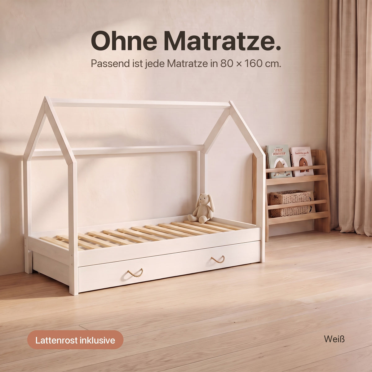 Hausbett mit Schublade ohne Matratze: Lattenrost inklusive, passend für Matratzen in 80 × 160 cm