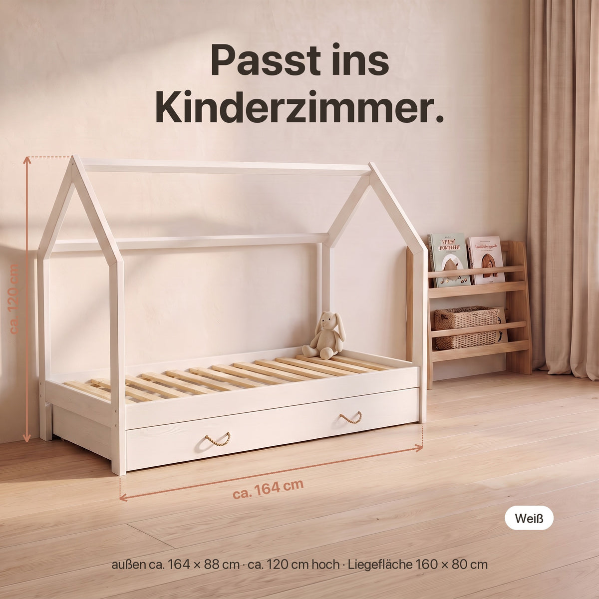 Hausbett mit Schublade: außen ca. 164 × 88 cm, ca. 120 cm hoch, Liegefläche 160 × 80 cm
