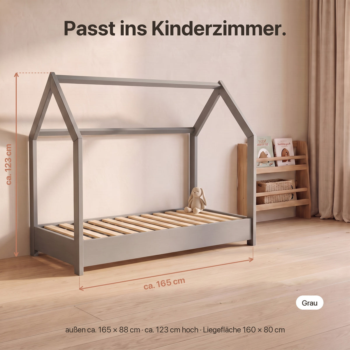 Hausbett skandinavisch: außen ca. 165 × 88 cm, ca. 123 cm hoch, Liegefläche 160 × 80 cm