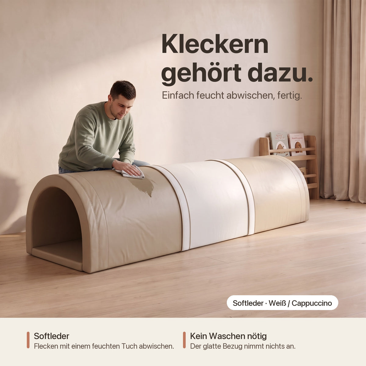 Wuseltunnel 3-teilig: Kleckern gehört dazu – Softleder einfach feucht abwischen, Weiß / Cappuccino