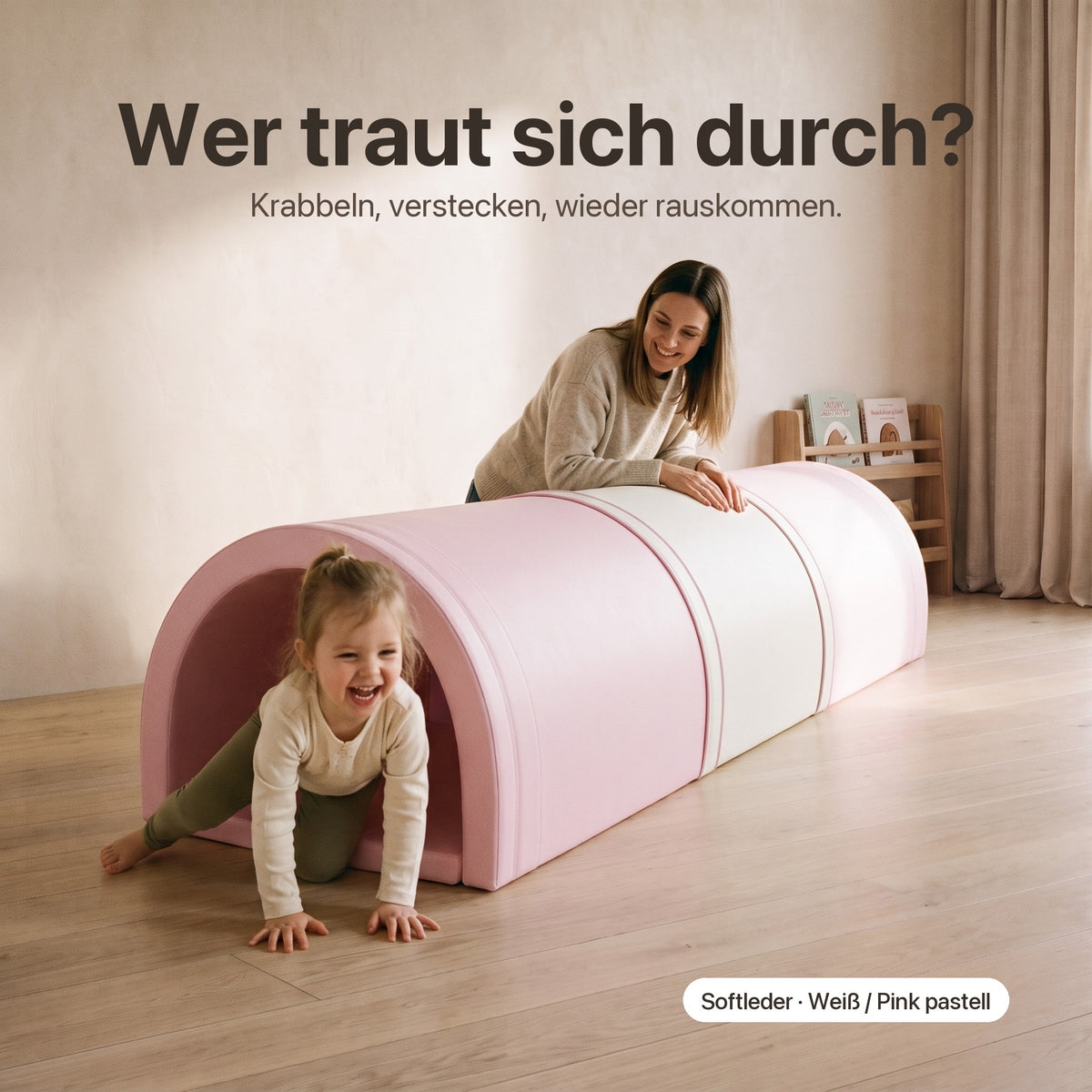 Wuseltunnel 3-teilig: Wer traut sich durch? Kind krabbelt aus dem Tunnel, Softleder Weiß / Pink pastell