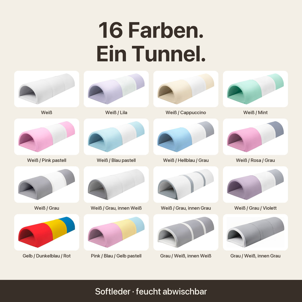 Wuseltunnel 3-teilig: 16 Farben im Überblick – Softleder, feucht abwischbar