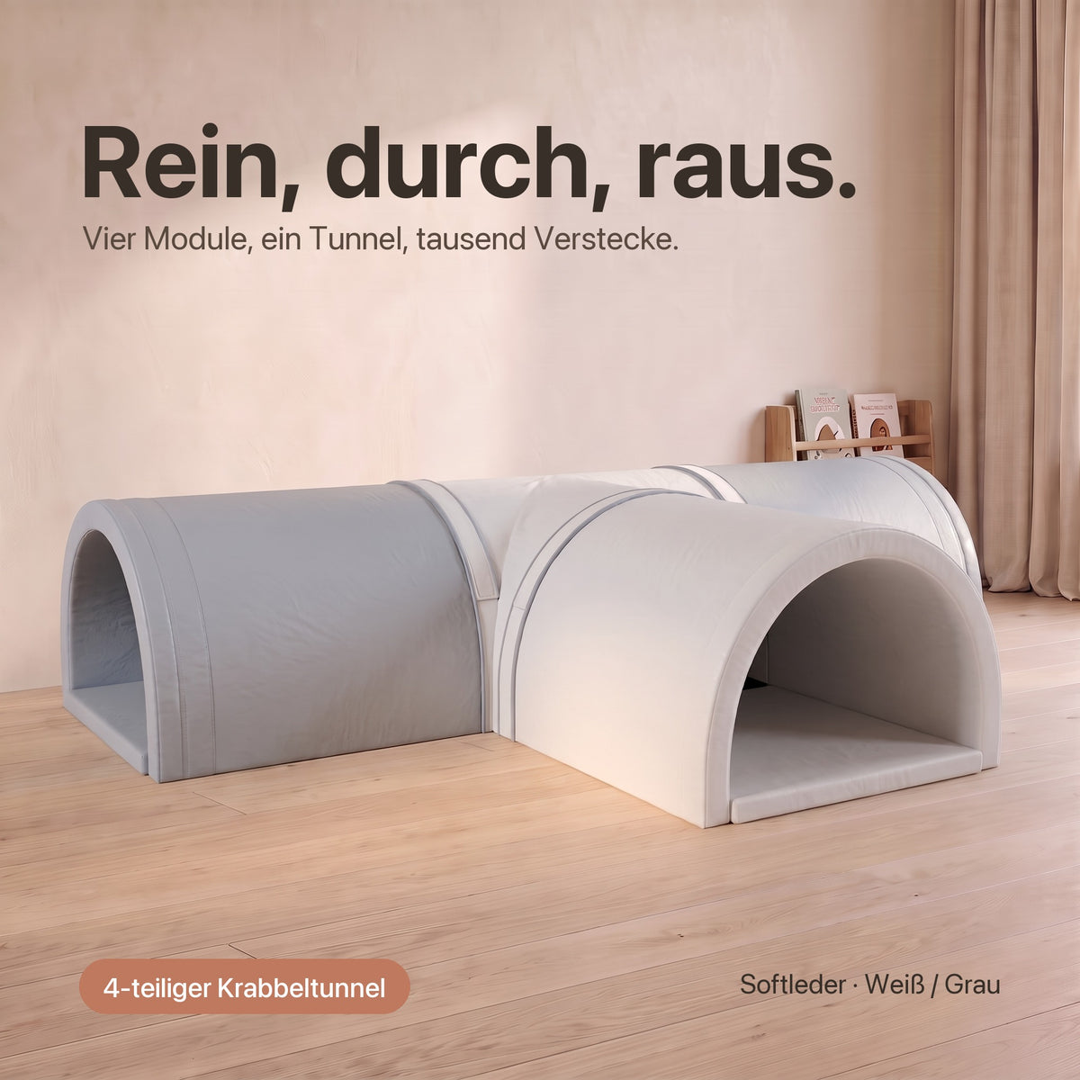 Wuseltunnel 4-teilig: Rein, durch, raus – vier Module, ein Tunnel, Softleder Weiß / Grau