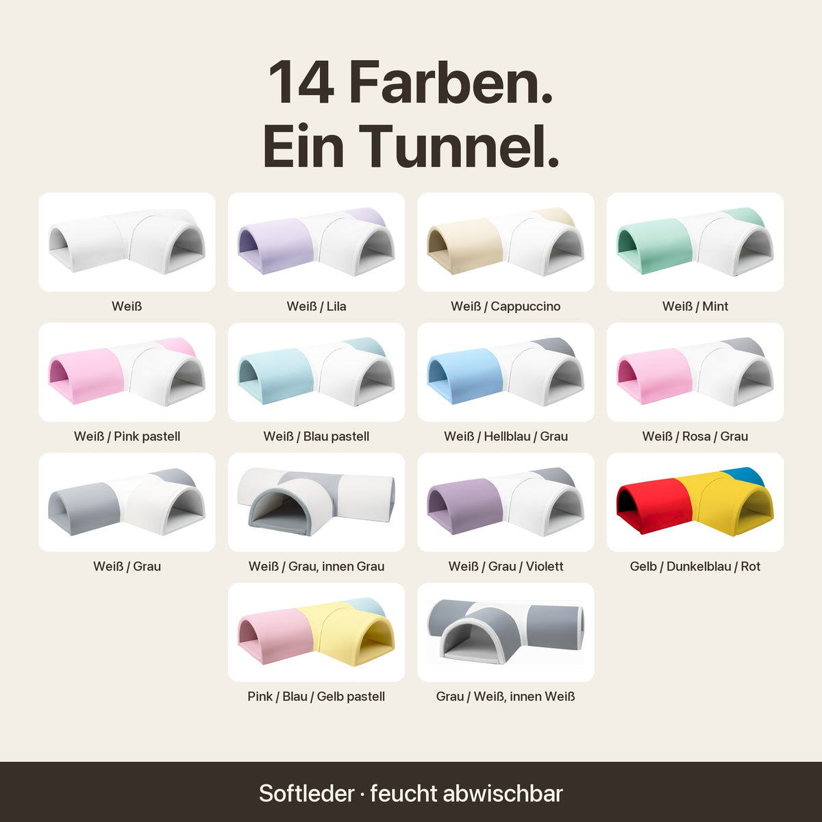 Wuseltunnel 4-teilig: 14 Farben im Überblick – Softleder, feucht abwischbar