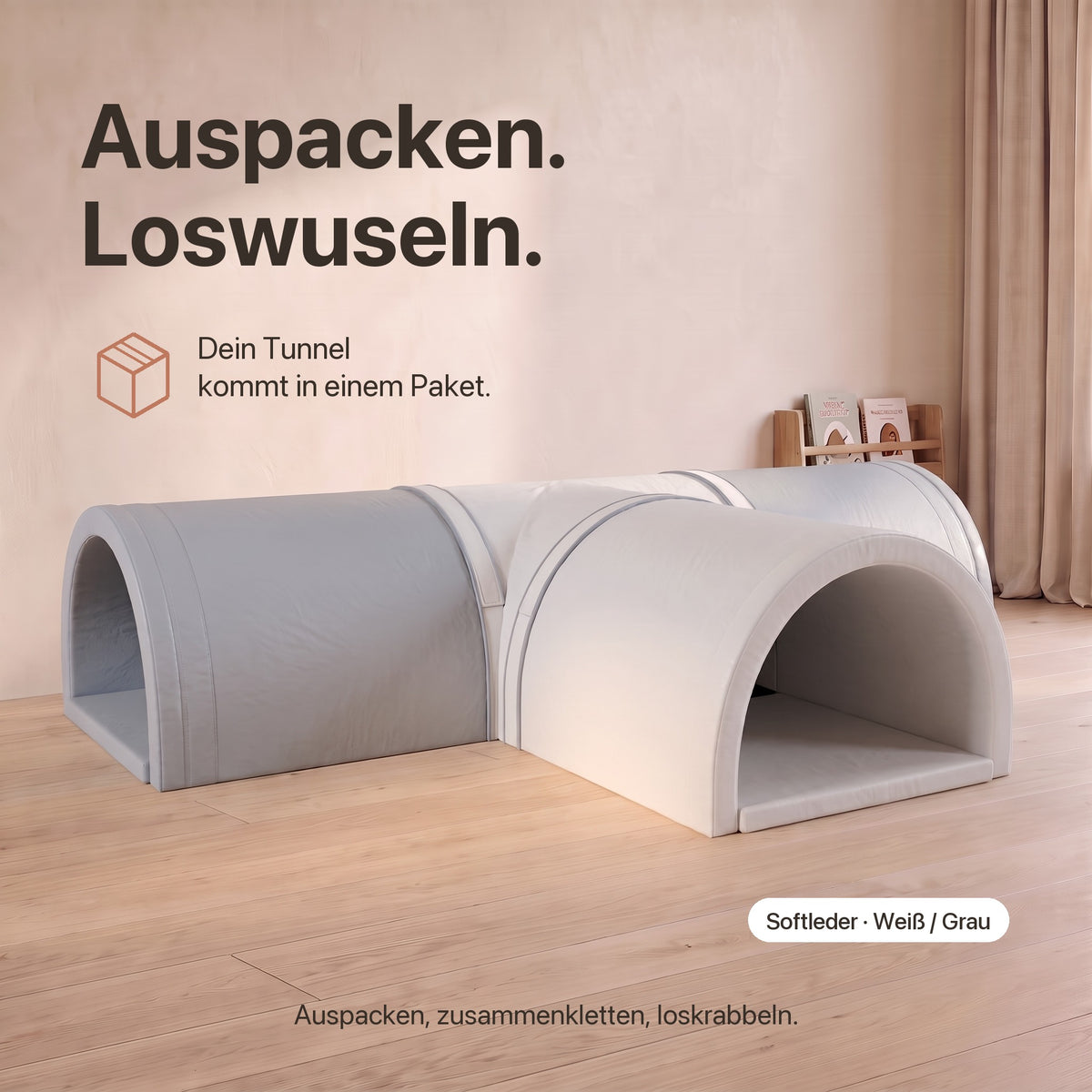 Wuseltunnel 4-teilig: Auspacken, zusammenkletten, loskrabbeln – kommt in einem Paket