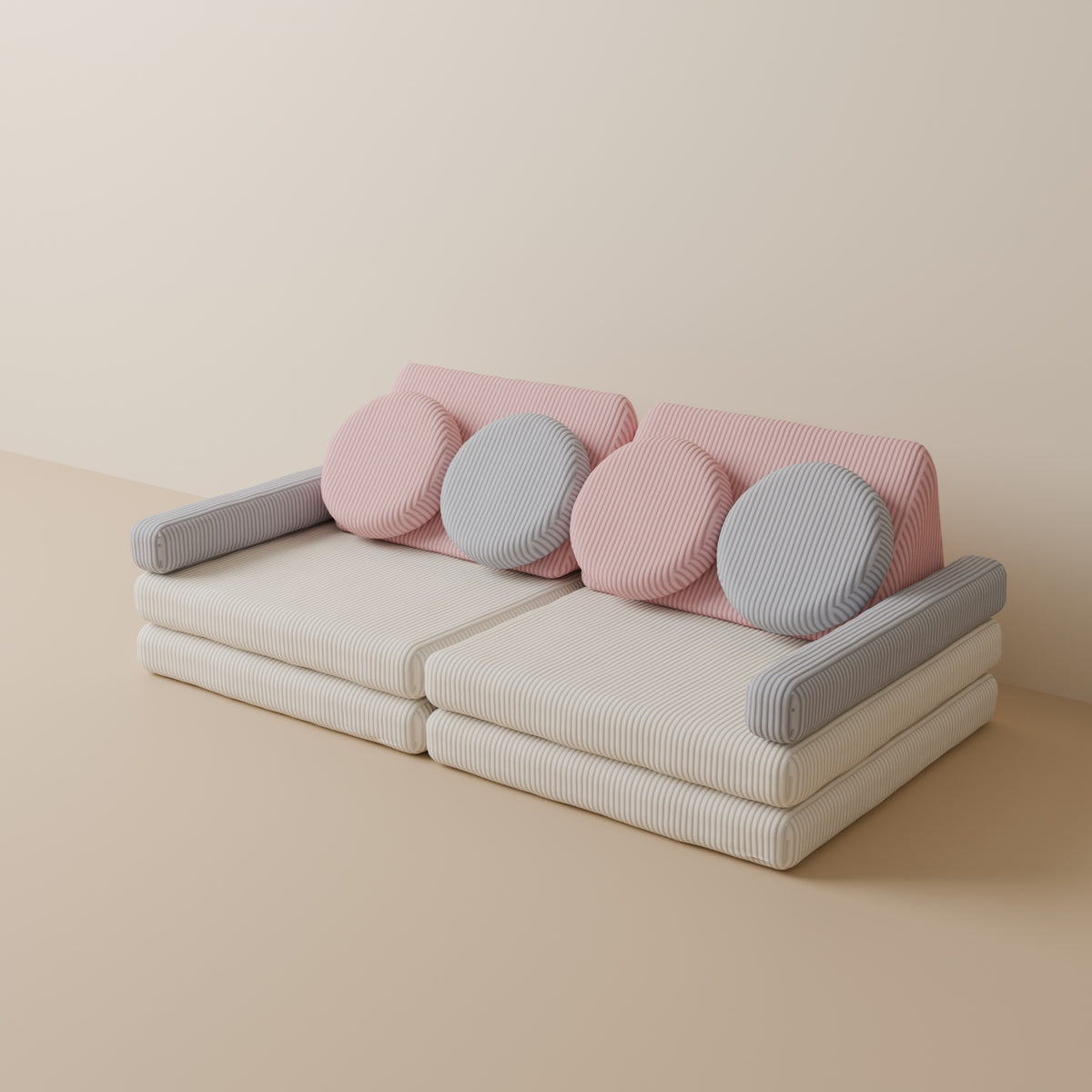 Wuselsofa Basis 10 Teile in 3D, Cord Mix: Creme, Rosa, Grau #wz3d_Cord / Mix: Creme, Rosa, Grau