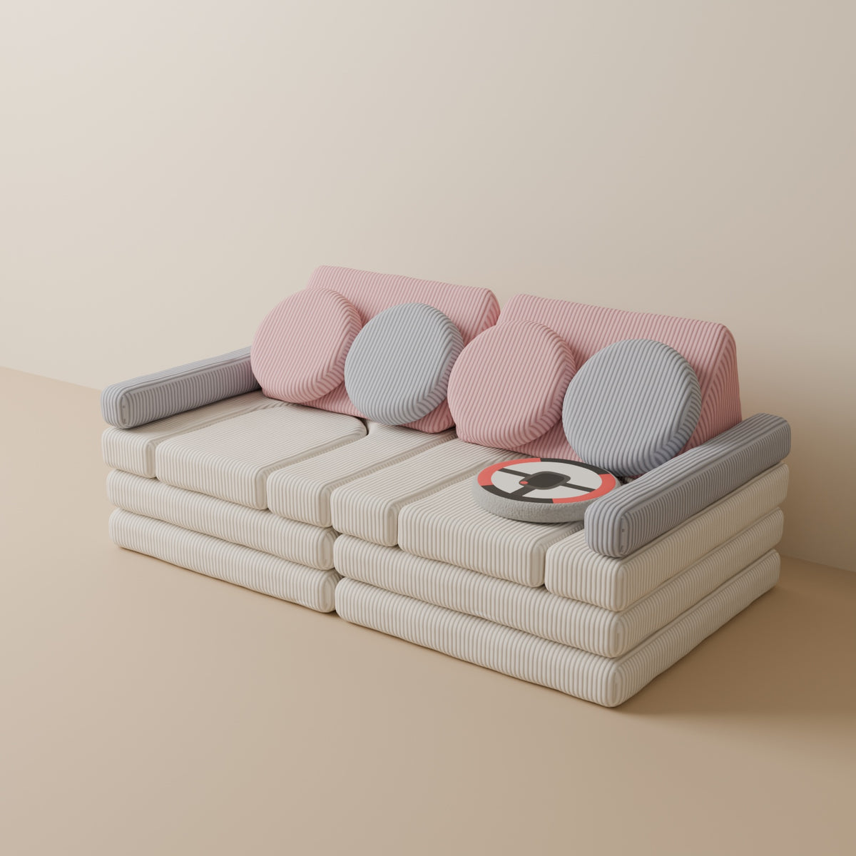 Wuselsofa 14 Teile in 3D, Cord Mix: Creme, Rosa, Grau #wz3d_Cord / Mix: Creme, Rosa, Grau