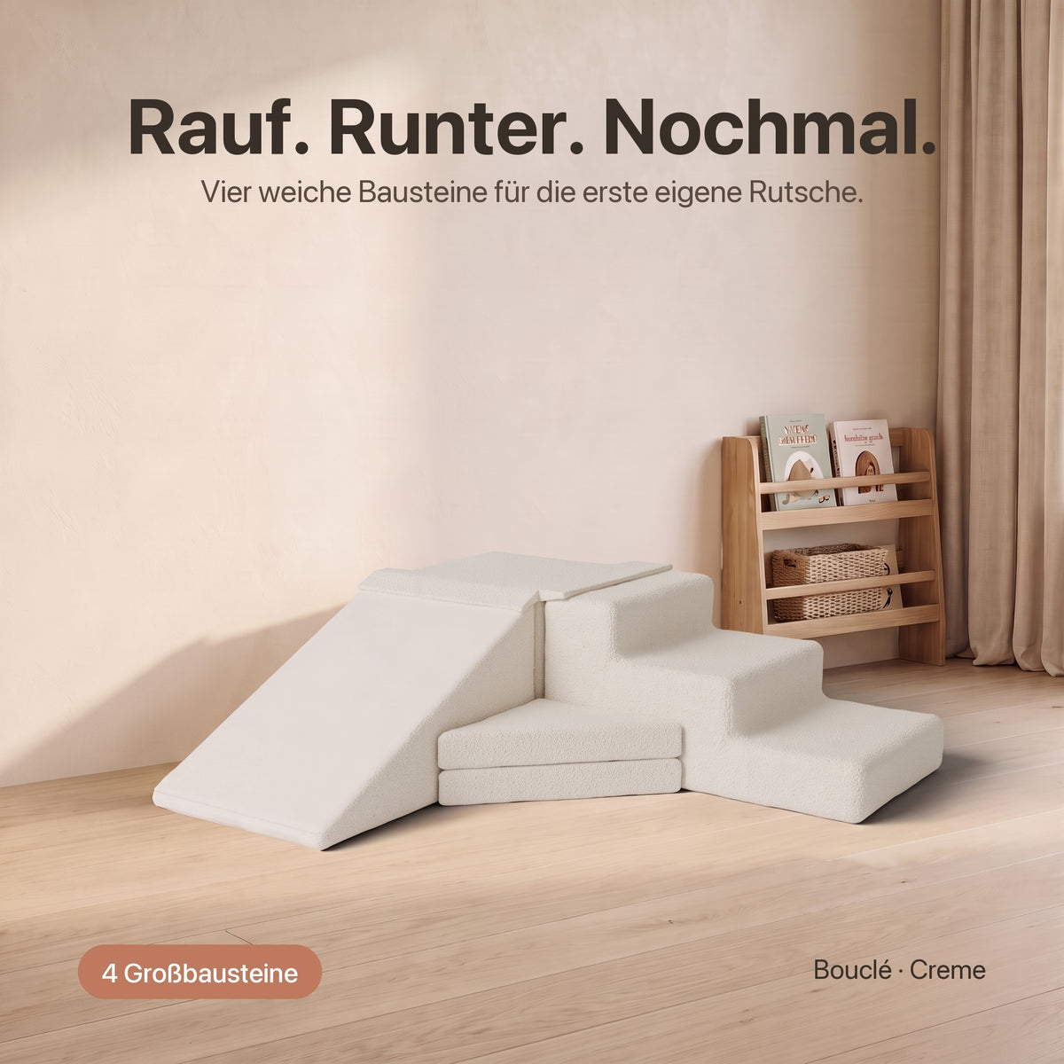 Große Wuselrutsche mit 4 Großbausteinen in Bouclé Creme: Rutsche, Treppe mit 3 Stufen, Würfel und gefaltete Matte