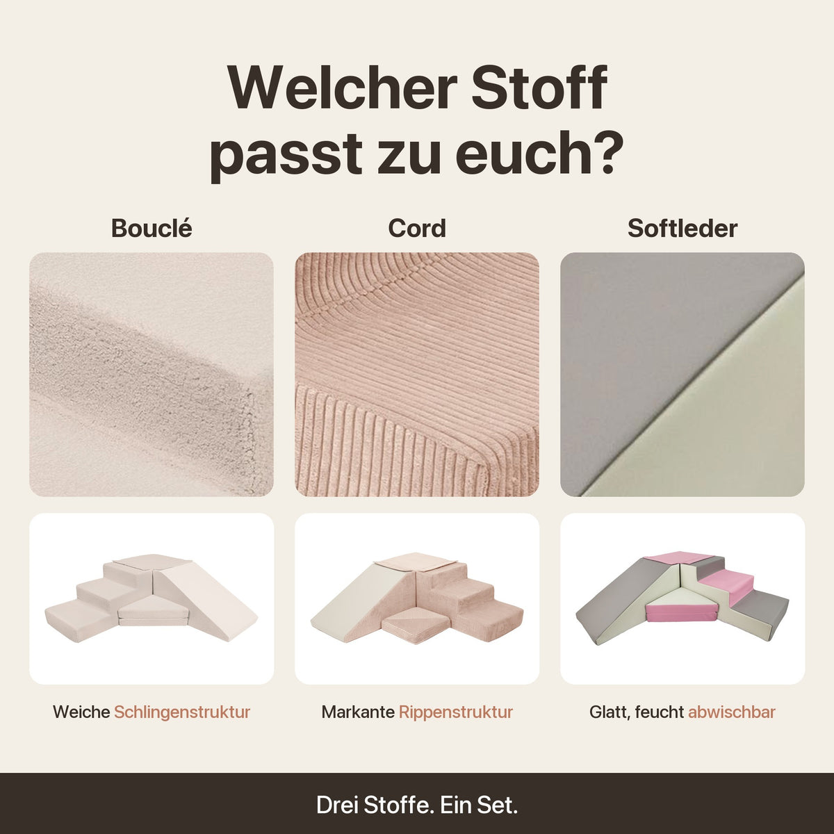 Stoffvergleich Große Wuselrutsche: Bouclé, Cord und Softleder