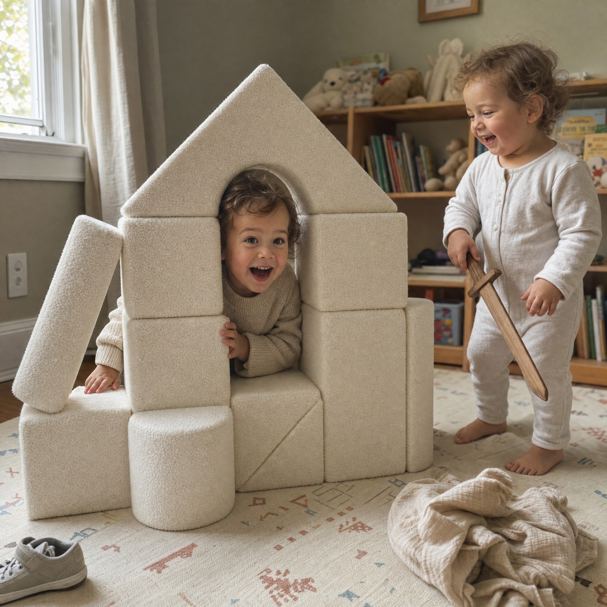 Zwei Kinder spielen Ritter am Bausteine-Schloss