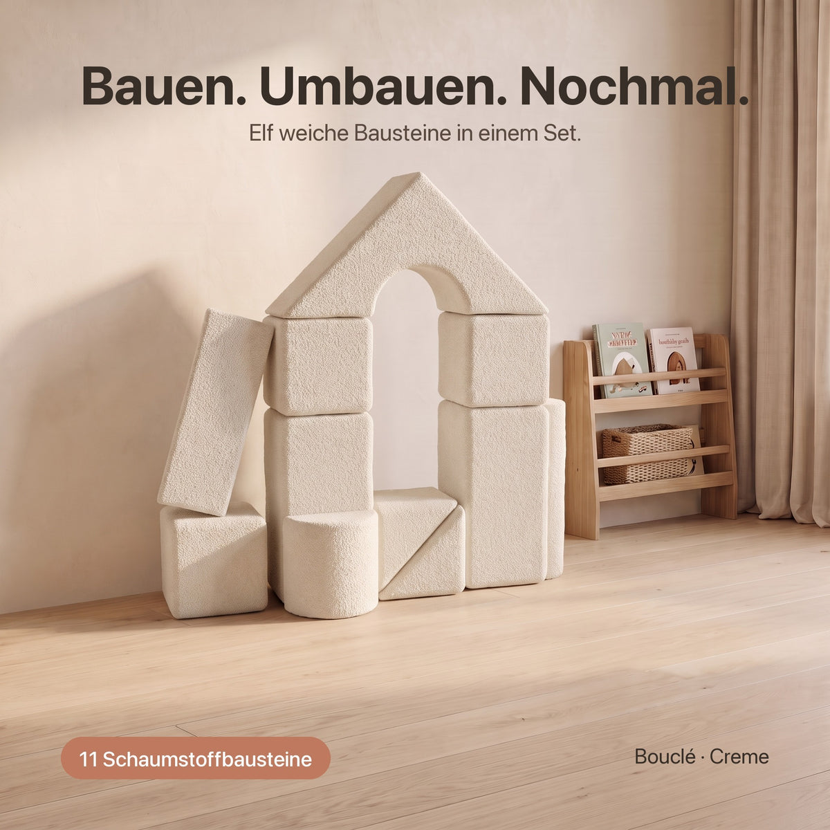 Schloss-Set mit 11 Schaumstoffbausteinen in Bouclé Creme, als Schloss mit Bogentor aufgebaut