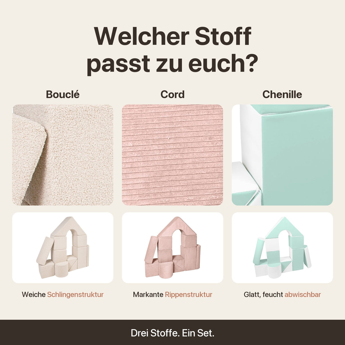Stoffvergleich Wuselschloss: Bouclé, Cord und Chenille