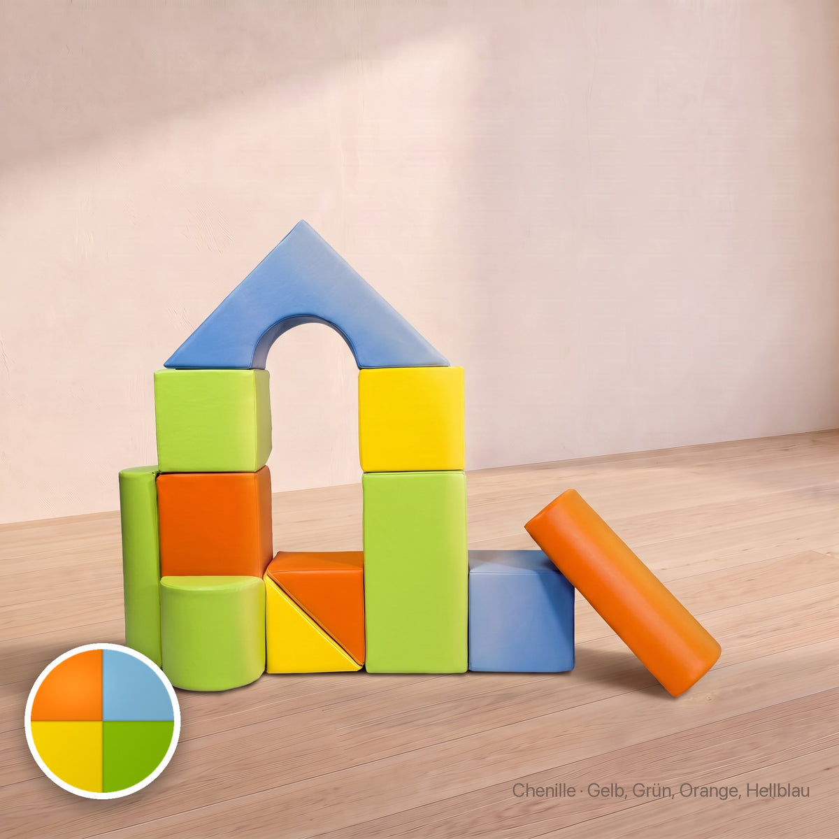 Schloss-Set 11 Schaumstoffbausteine, Chenille · Gelb, Grün, Orange, Hellblau #Farbe_variantenbild