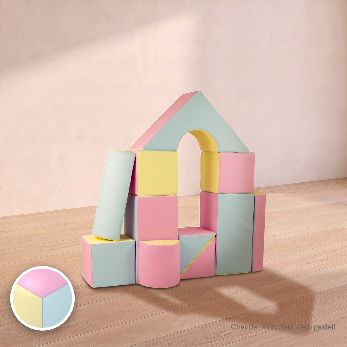 Schloss-Set 11 Schaumstoffbausteine, Chenille · Pink, Blau, Gelb pastell #Farbe_variantenbild