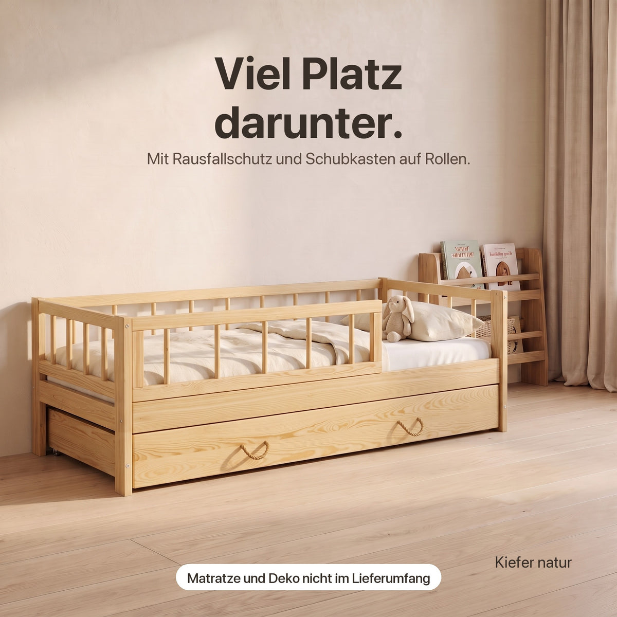 Kinderbett mit Schubkasten im Kinderzimmer – Matratze und Deko nicht im Lieferumfang