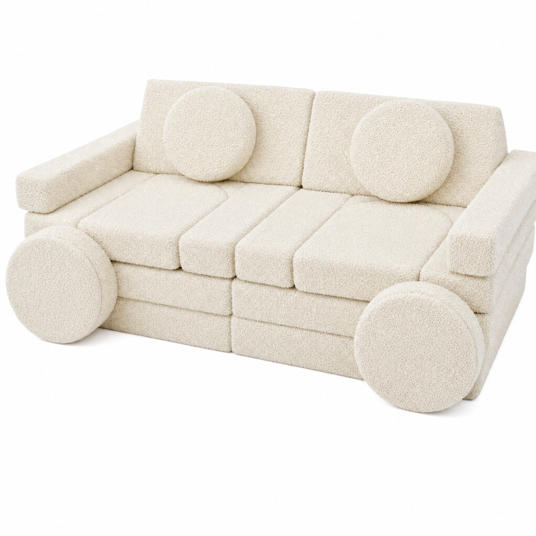Modulares Kinder-Spielsofa aus cremefarbenem Bouclé, als Sofa aufgebaut