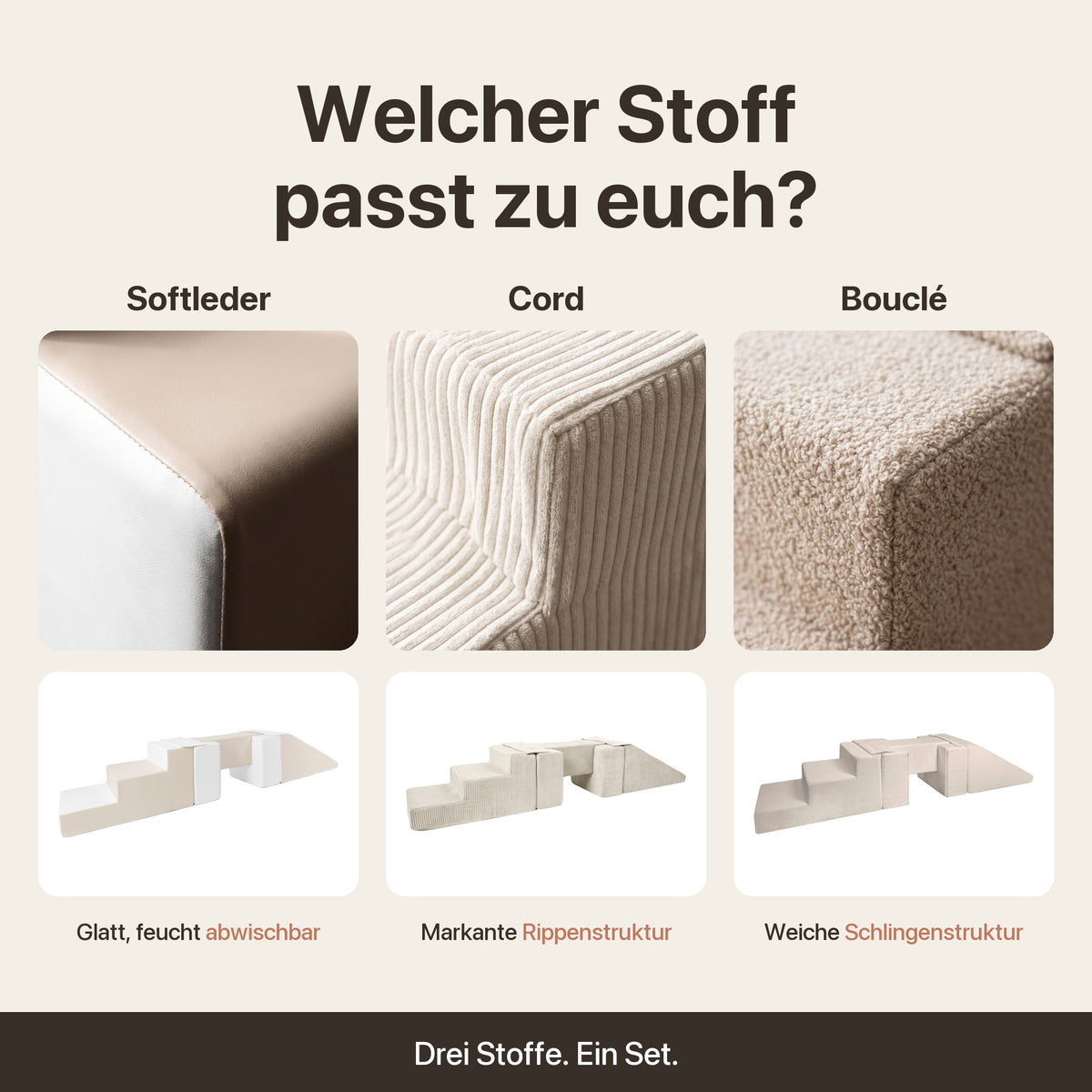 Wuselsteg mit Rutsche: Welcher Stoff passt zu euch? Softleder, Cord, Bouclé
