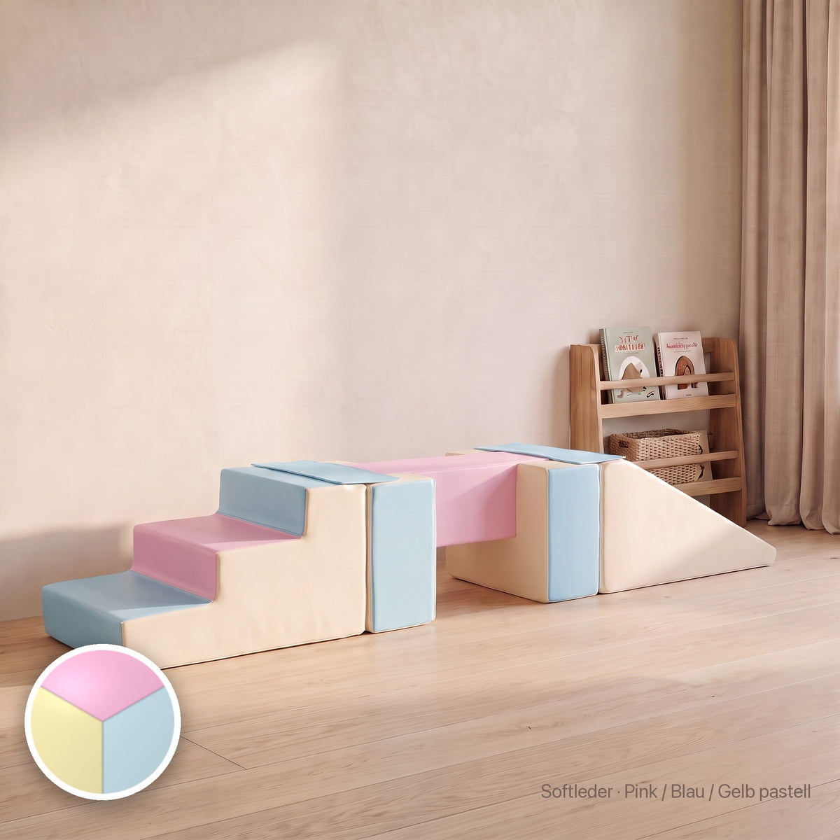 Wuselsteg mit Rutsche, Softleder · Pink / Blau / Gelb pastell