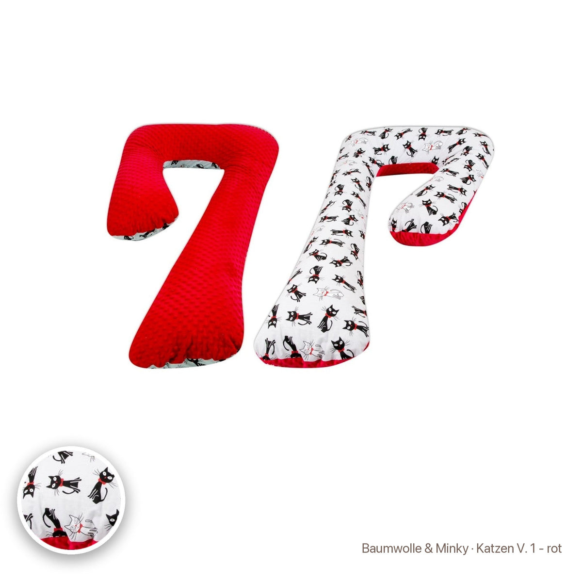 Schwangerschaftskissen 7-Form, Baumwolle & Minky · Katzen V. 1 - rot #Farbe_variantenbild