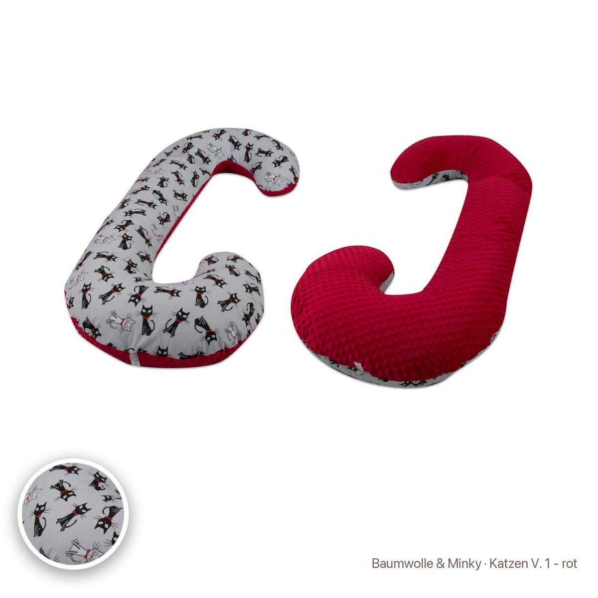 Schwangerschaftskissen C-Form, Baumwolle & Minky · Katzen V. 1 - rot #Farbe_variantenbild