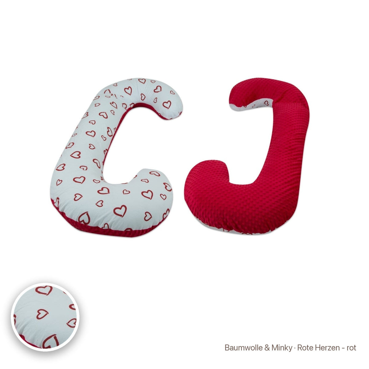 Schwangerschaftskissen C-Form, Baumwolle & Minky · Rote Herzen - rot #Farbe_variantenbild