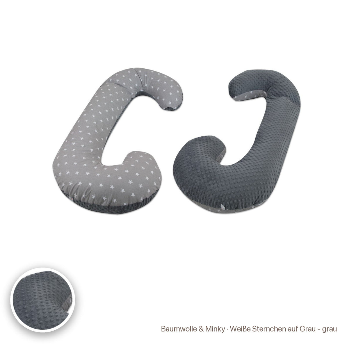 Schwangerschaftskissen C-Form, Baumwolle & Minky · Weiße Sternchen auf Grau - grau #Farbe_variantenbild