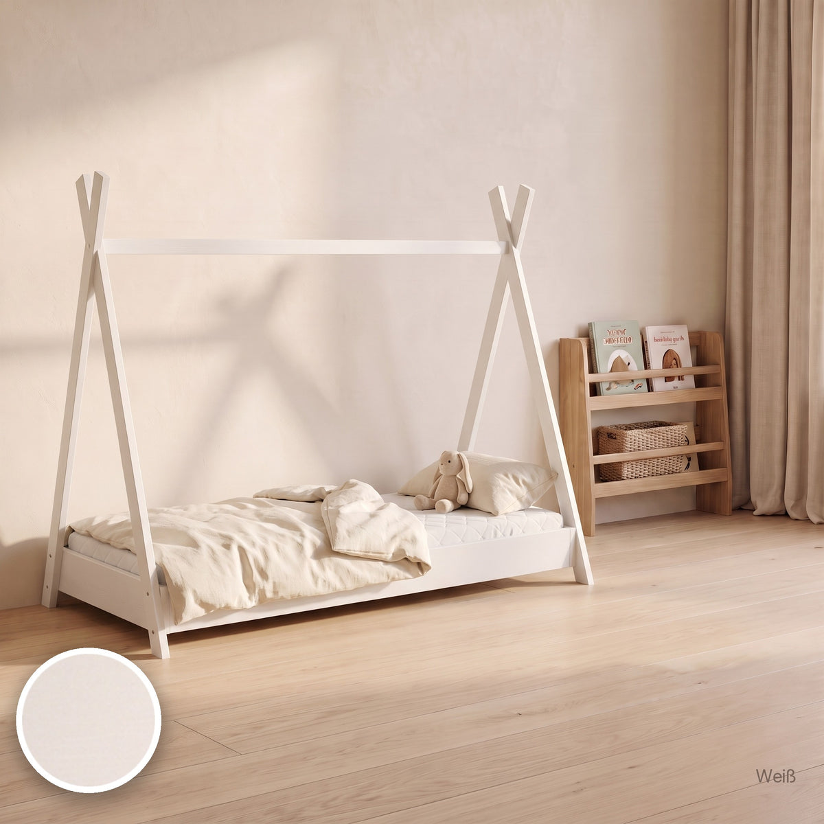 Zeltbett mit Eco-Matratze in Weiß im Kinderzimmer