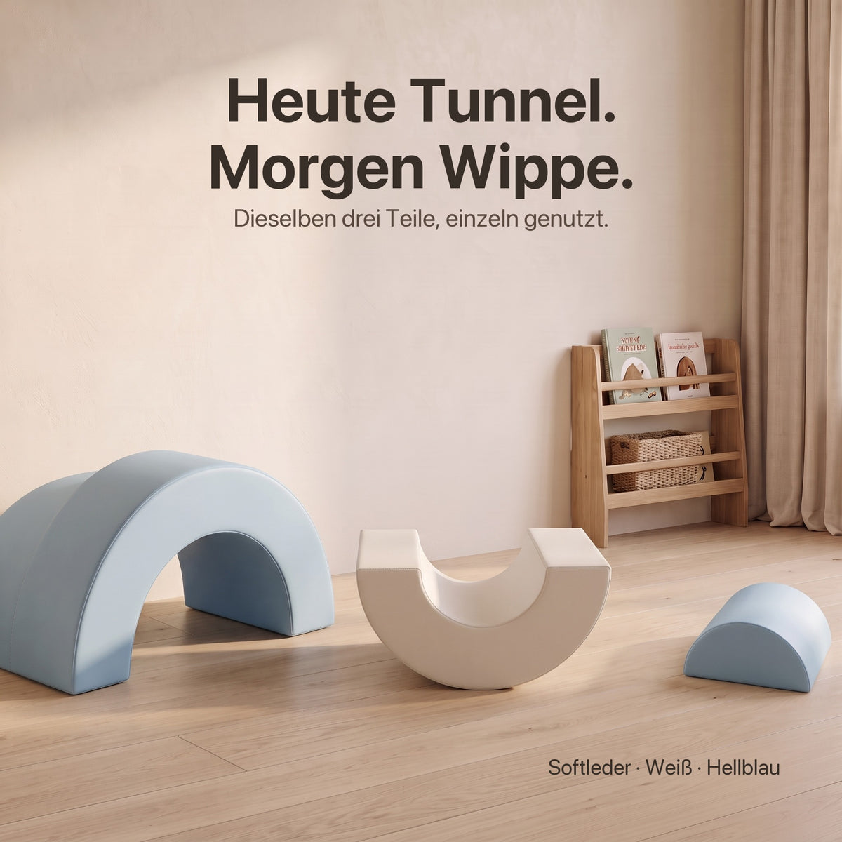 Wuselbogen-Set: Heute Tunnel, morgen Wippe – die drei Bögen einzeln genutzt, Softleder Weiß · Hellblau