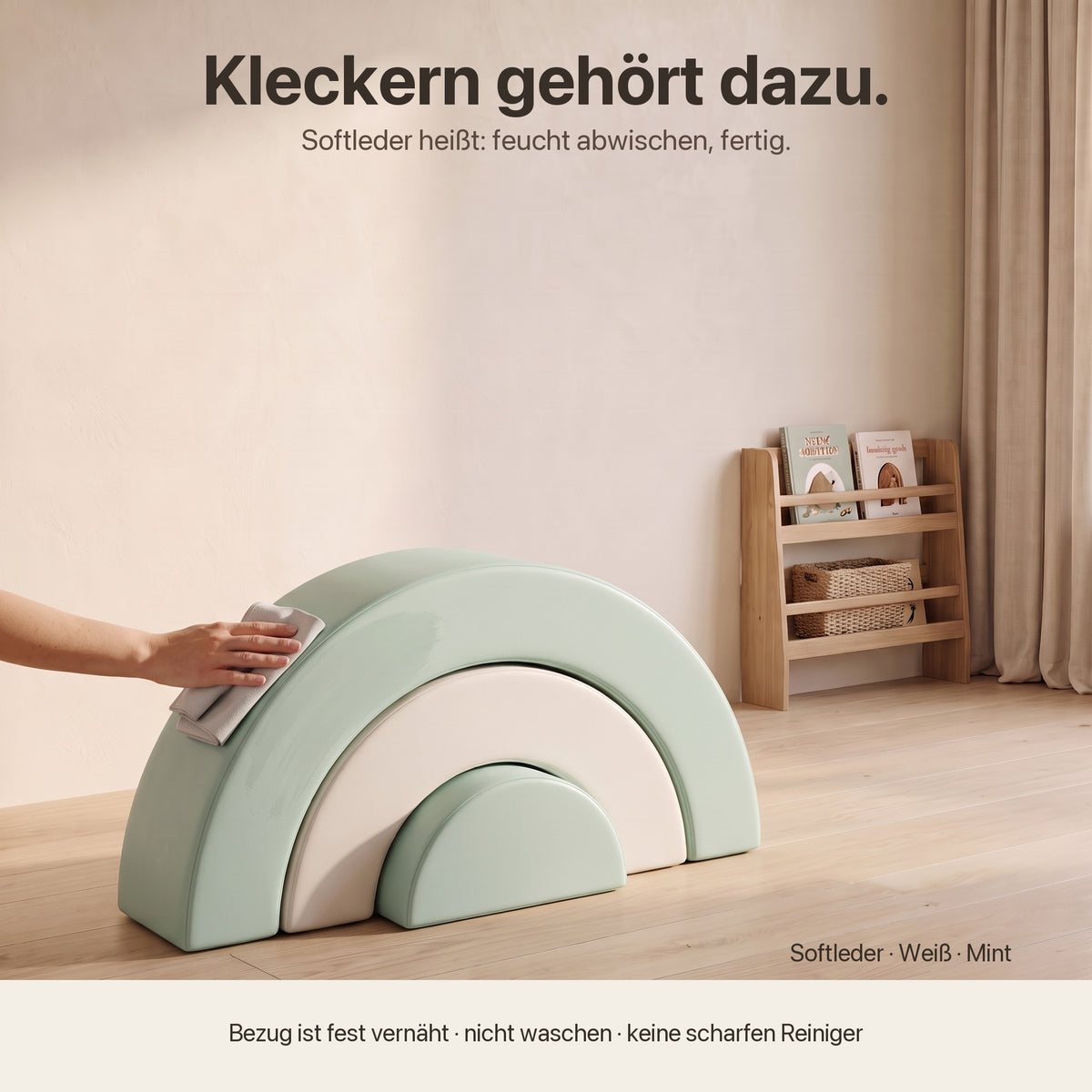 Wuselbogen-Set: Kleckern gehört dazu – Softleder feucht abwischen, Weiß · Mint