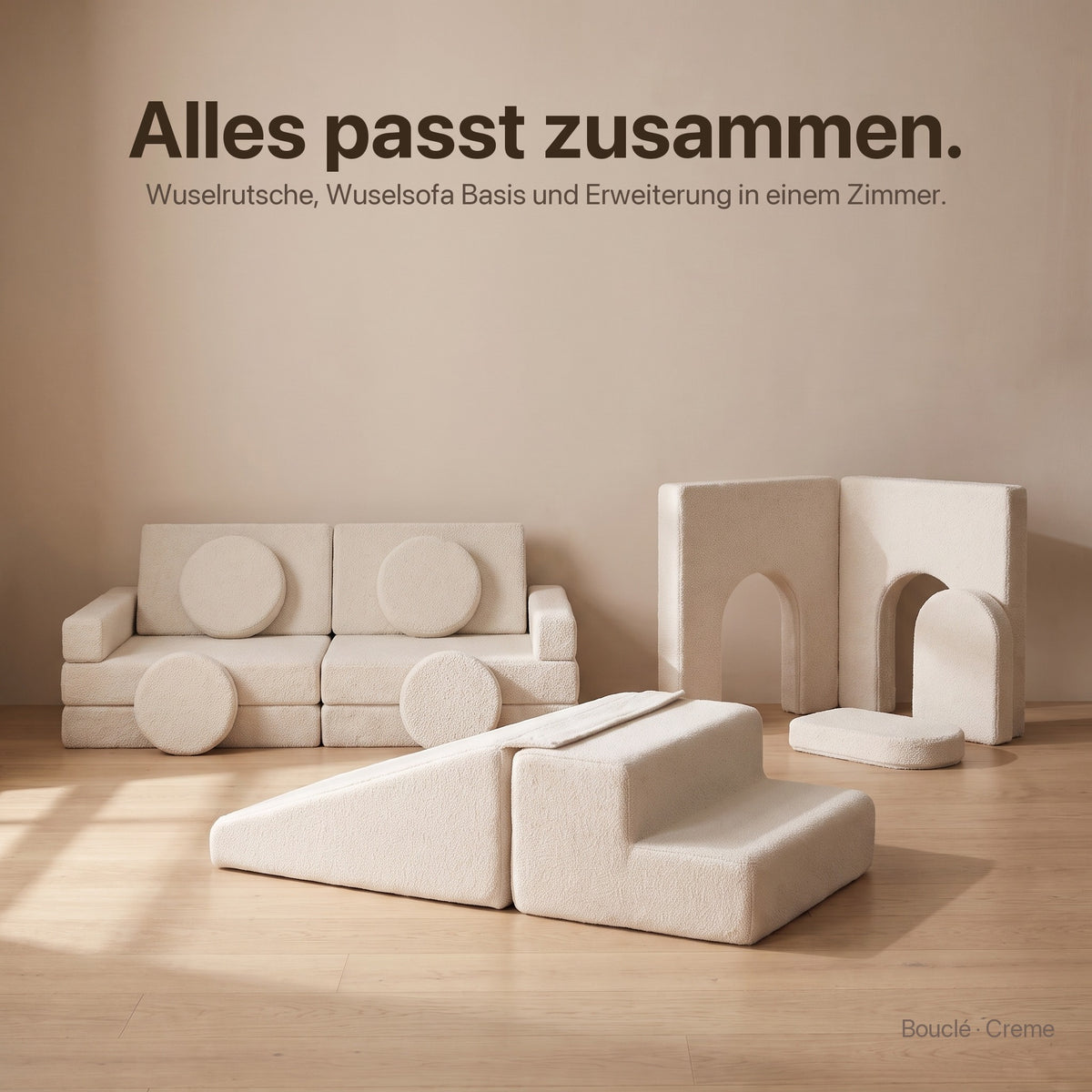 Wuselrutsche & Treppen-Set: Alles passt zusammen – Wuselrutsche, Wuselsofa Basis und Erweiterung in einem Zimmer