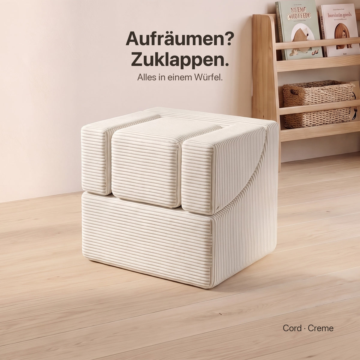 Wuselsessel 3-in-1: Aufräumen? Zuklappen. – zusammengesteckt als Würfel, Cord Creme
