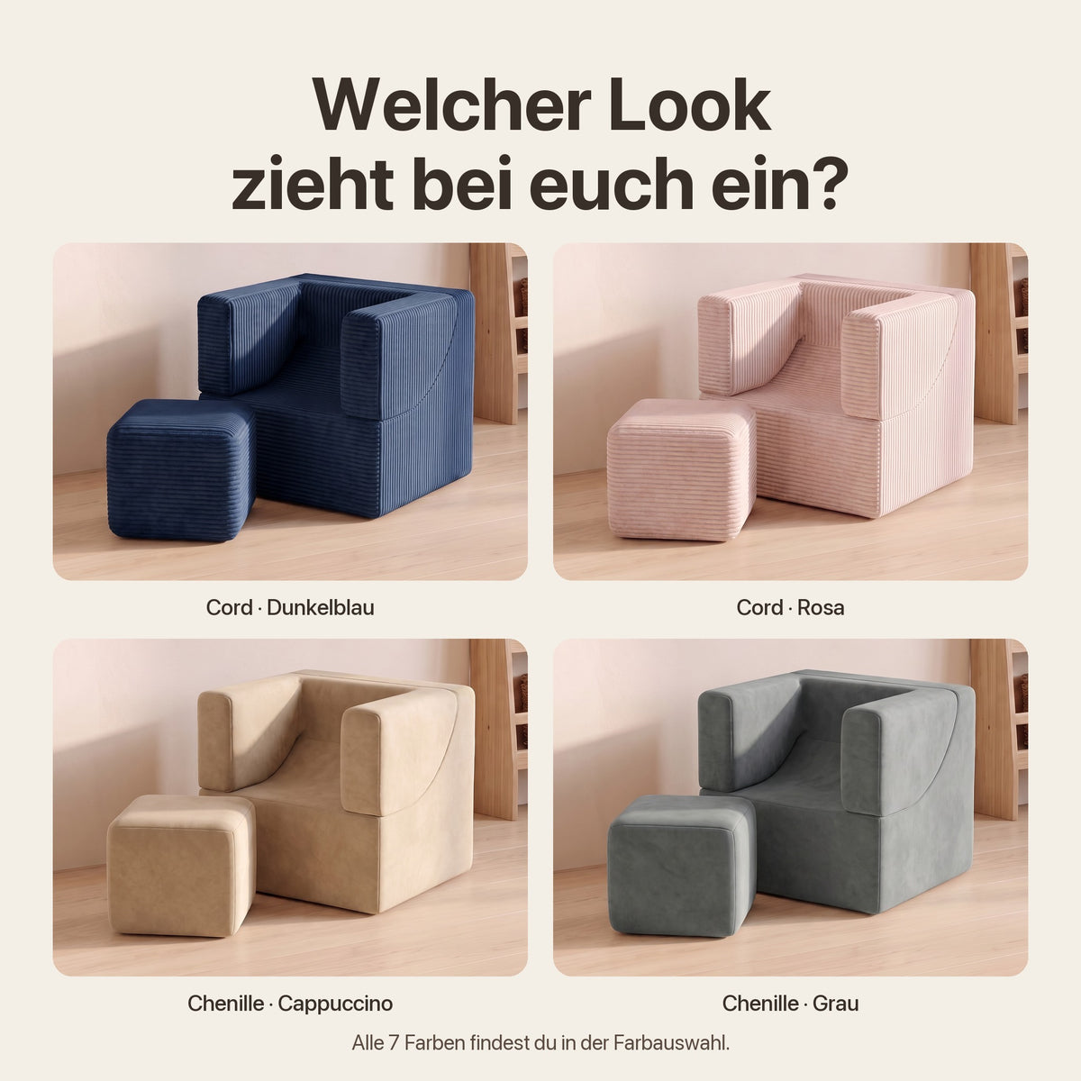 Wuselsessel 3-in-1: Welcher Look zieht bei euch ein? – Cord Dunkelblau und Rosa, Chenille Cappuccino und Grau