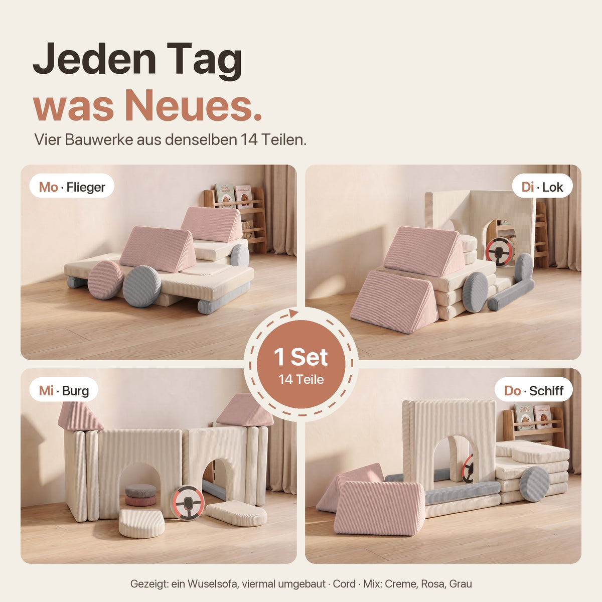Jeden Tag was Neues: Flieger, Lok, Burg und Schiff aus demselben Wuselsofa mit 14 Teilen, Cord Mix
