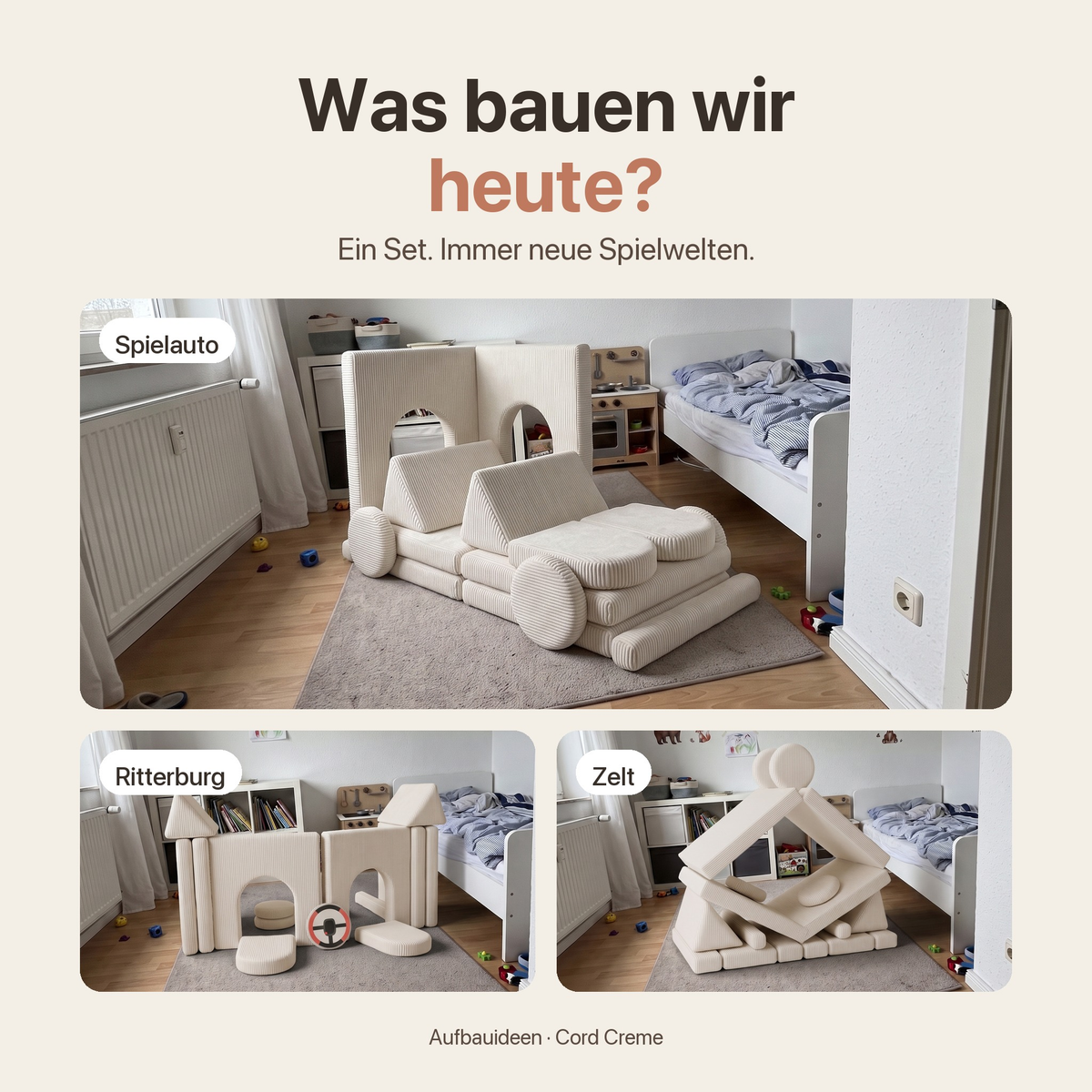 Was bauen wir heute? Spielauto, Ritterburg und Zelt aus dem Wuselsofa 14 Teile in Cord Creme im Kinderzimmer